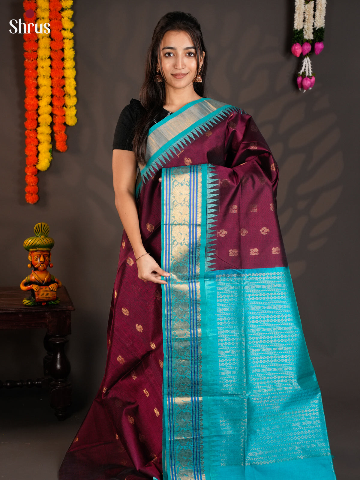 Classy Wine Cotton Silk Saree With Zari Motifs & Light Blue Temple Zari Border