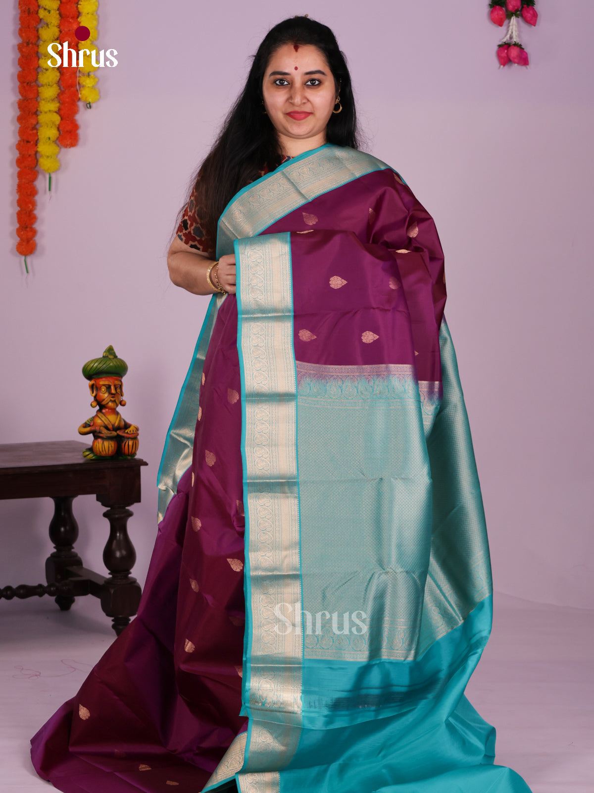 Buy Stunning Wine Kanchipuram Silk Saree with Gold Buttas, Light Blue Border & Brocade Pallu