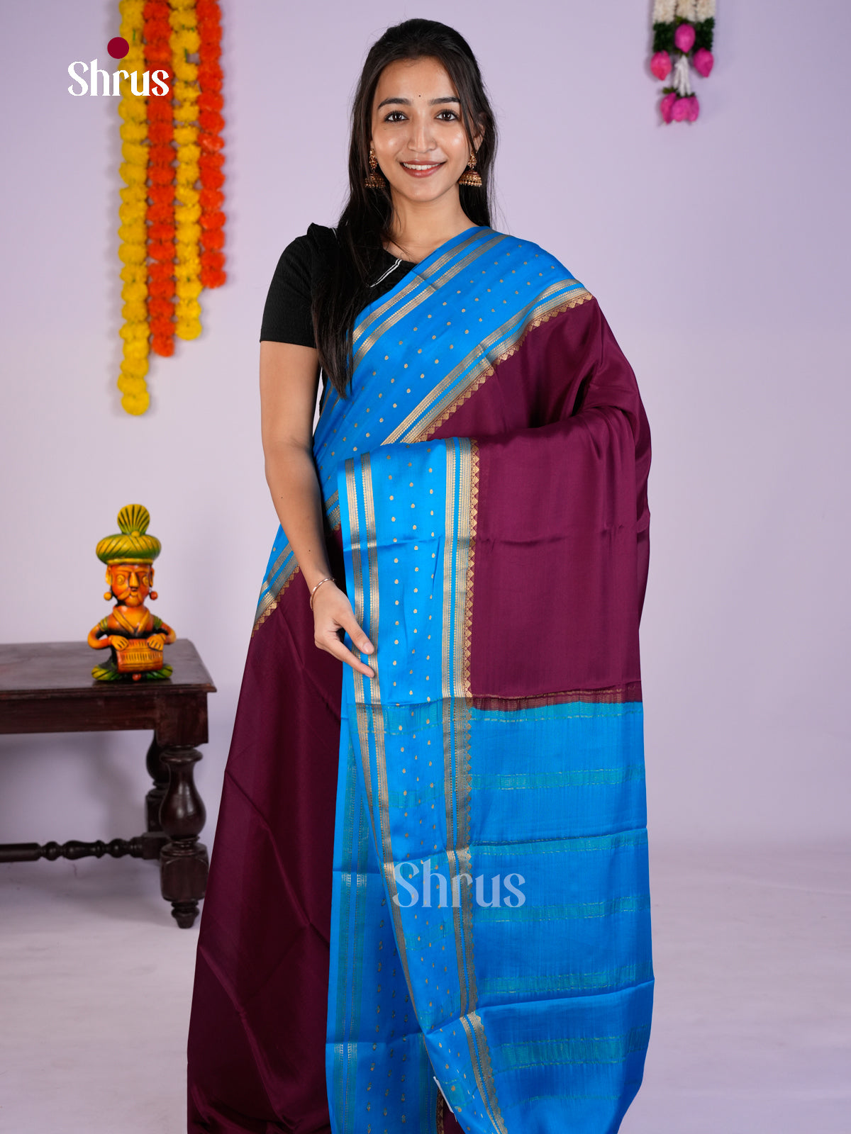 Buy Regal Wine Mysore Silk Saree with Zari Woven Blue Rettaipet Border & Chit Pallu