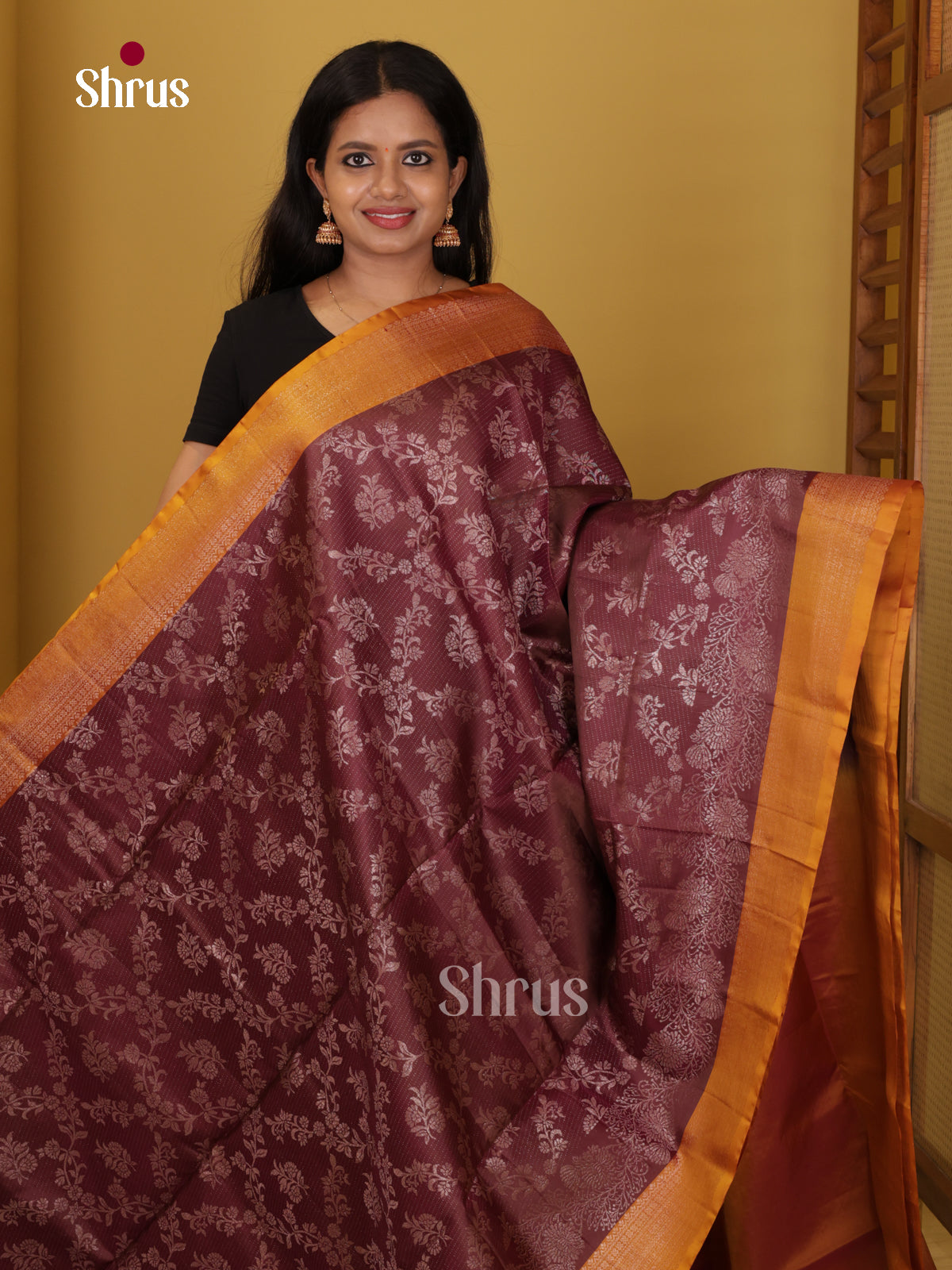 Buy Lustrous Wine Pure Soft Silk Saree With Silver Floral Vines, Mustard Border & Brocade Pallu
