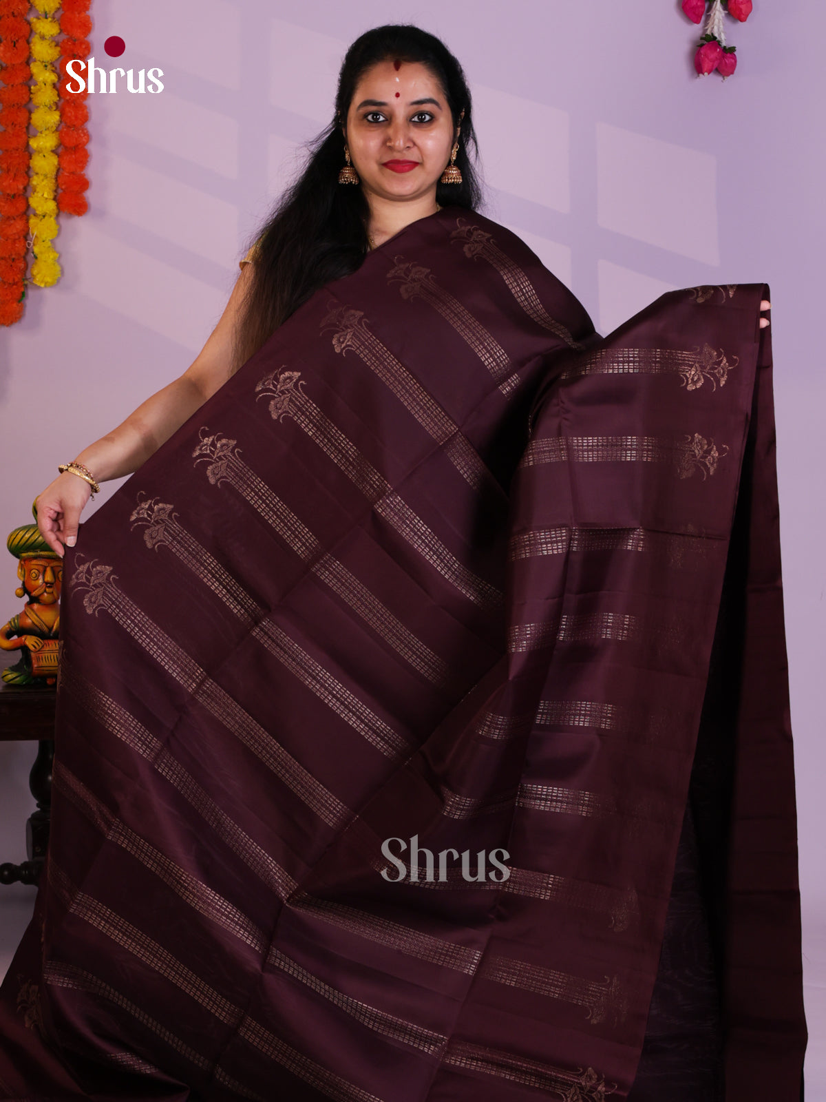Buy Stunning Wine Pure Soft Silk Saree with Gold Zari Stripes & Brocade Pallu