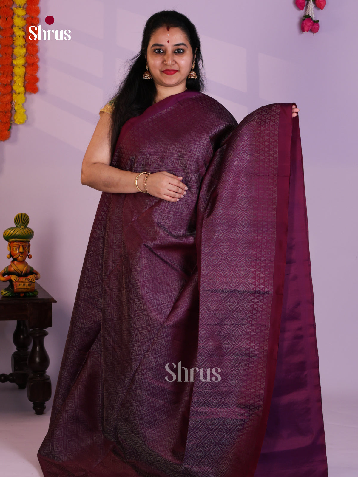 Buy Shimmery Wine Pure Soft Silk Saree with Zari Woven Geometric Brocade Pattern