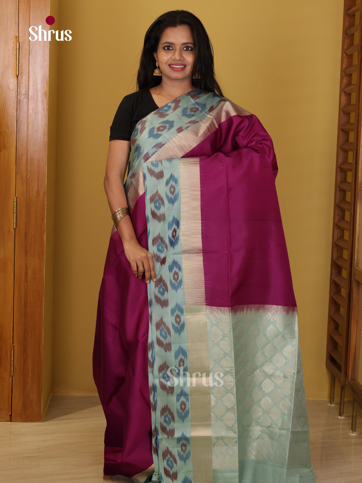 Buy Classic Wine Soft Silk Saree With Plain Body, Soft Blue Border With Pochampally Ikat Pattern