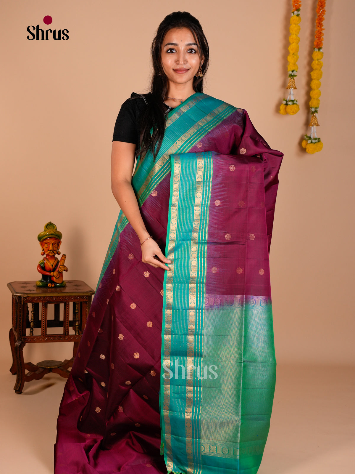 Buy Graceful Wine Soft Silk Saree with Golden Buttas, Turquoise Rettaipet Border & Pallu