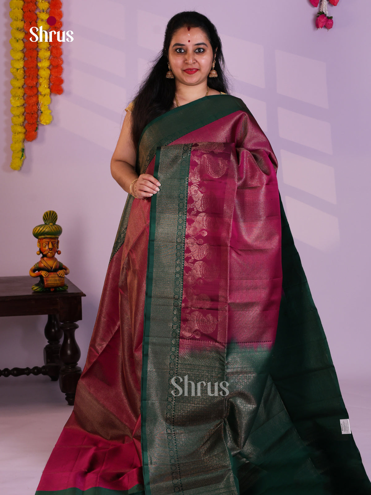 Buy Charming Wine Soft Silk Saree with Zari Brocade Weave, Green Border & Pallu