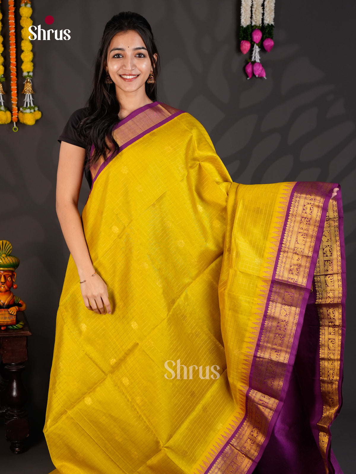 Buy Vivid Yellow Checkered Cotton Silk Saree With Golden Buttas, Purple Zari Border & Pallu