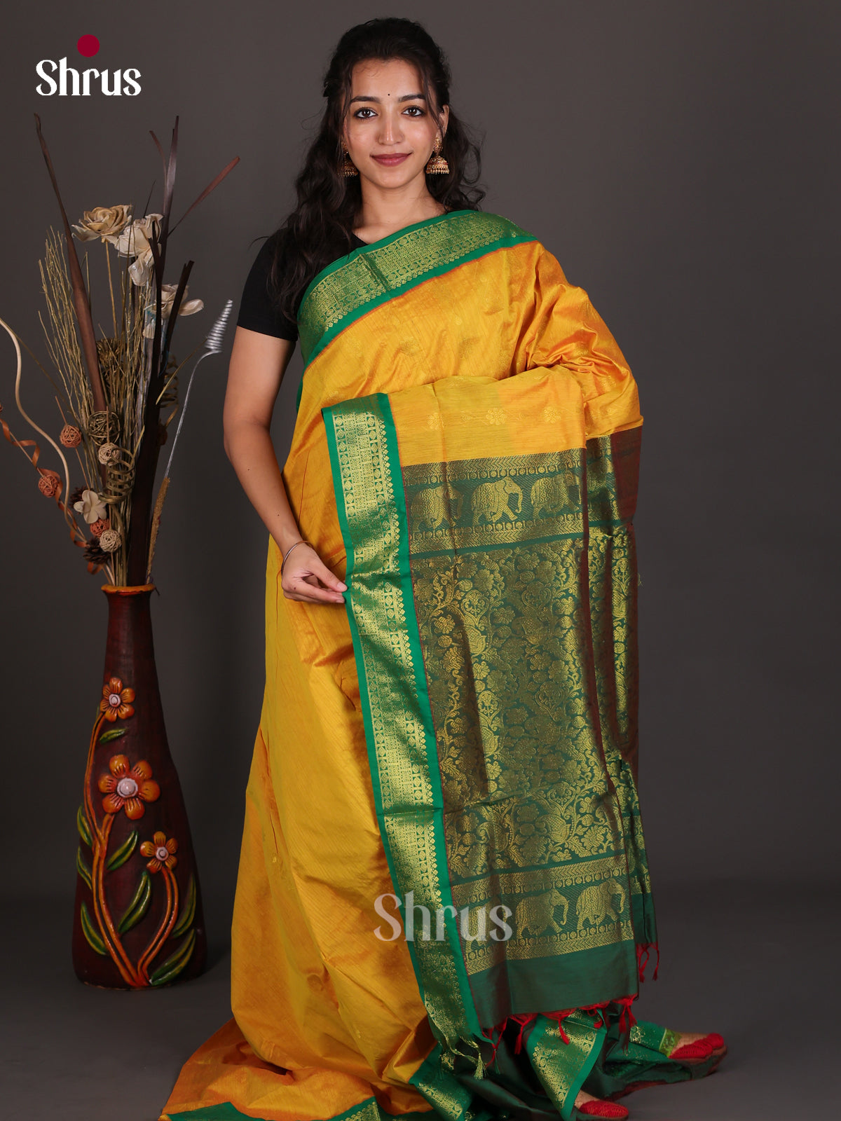 Regal Yellow Kalyani Cotton Saree With Golden Buttas, Green Zari Border & Zari Woven Floral Pallu