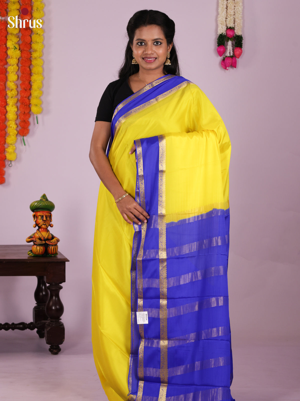 Buy Radiant Yellow Mysore Silk Saree With Royal Blue Rettapet Border & Traditional Chit Pallu