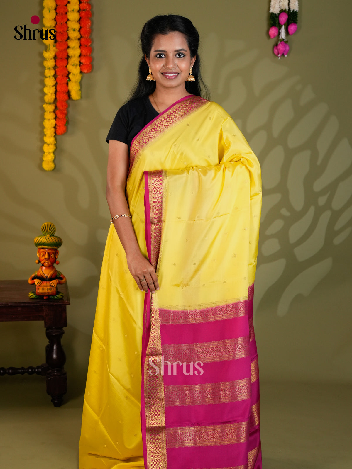 Buy Bright Yellow Mysore Silk Saree with Golden Buttas, Small Zari Border & Maroon Pallu