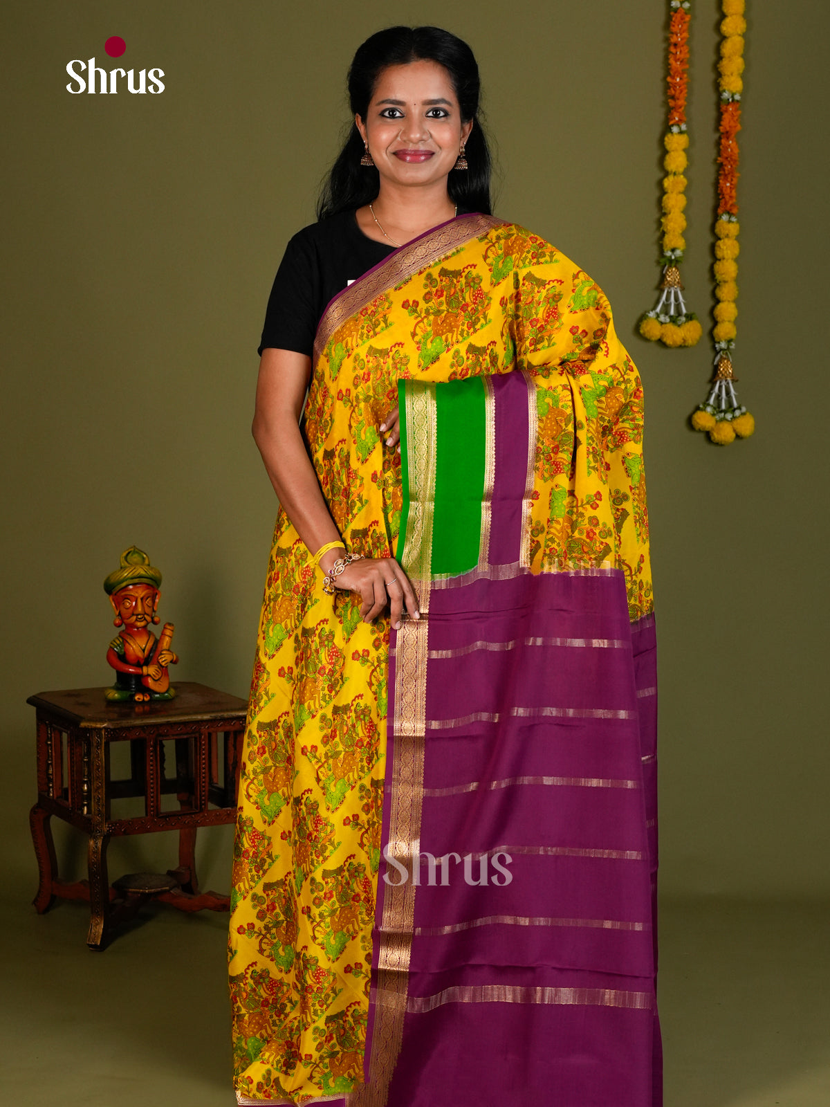 Buy Vivid Yellow Mysore Silk Saree with Kalamkari Prints, Parrot Green & Purple Zari Woven Border