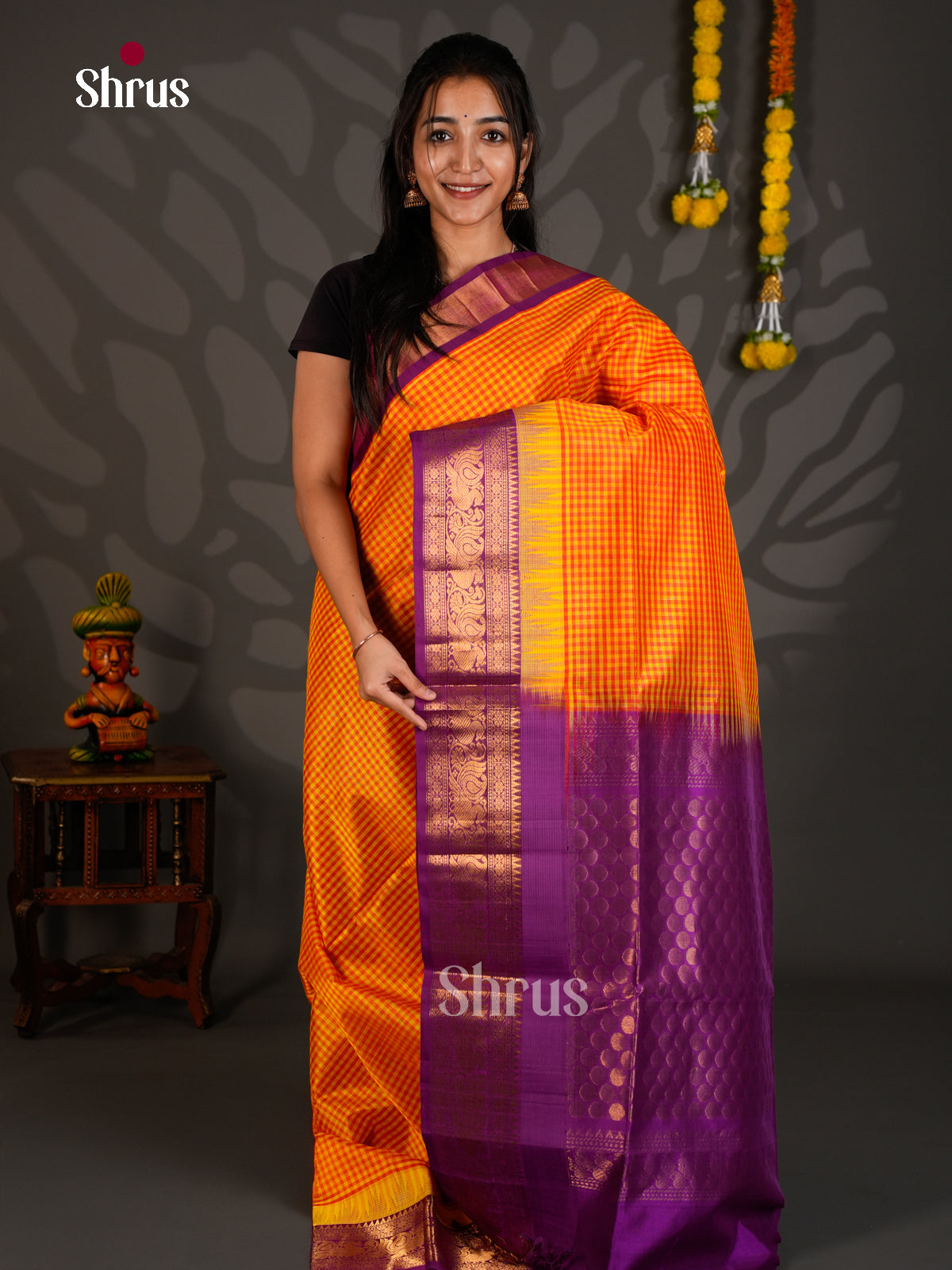 Buy Lustrous Yellow & Orange Checked Silk Cotton Saree with Traditional Purple Zari Border & Pallu