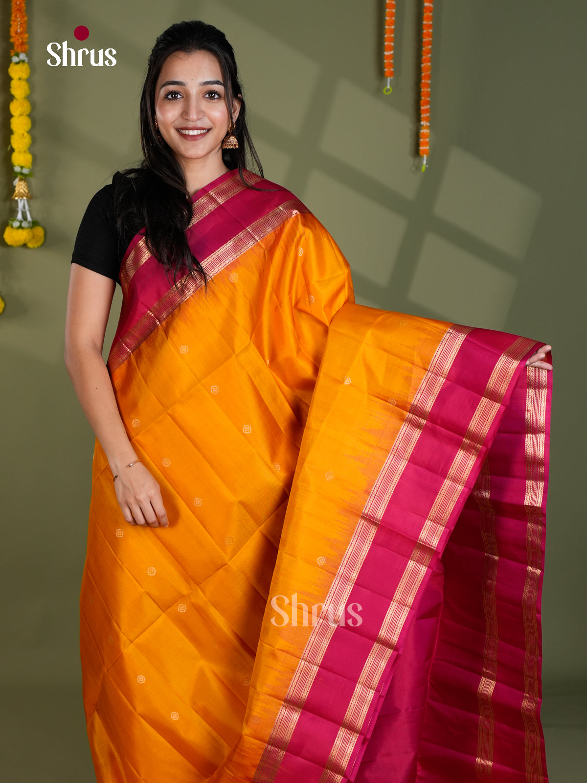 Buy Sun Kissed Yellow Pure Soft Silk Saree With Golden Buttas & Magenta Pallu