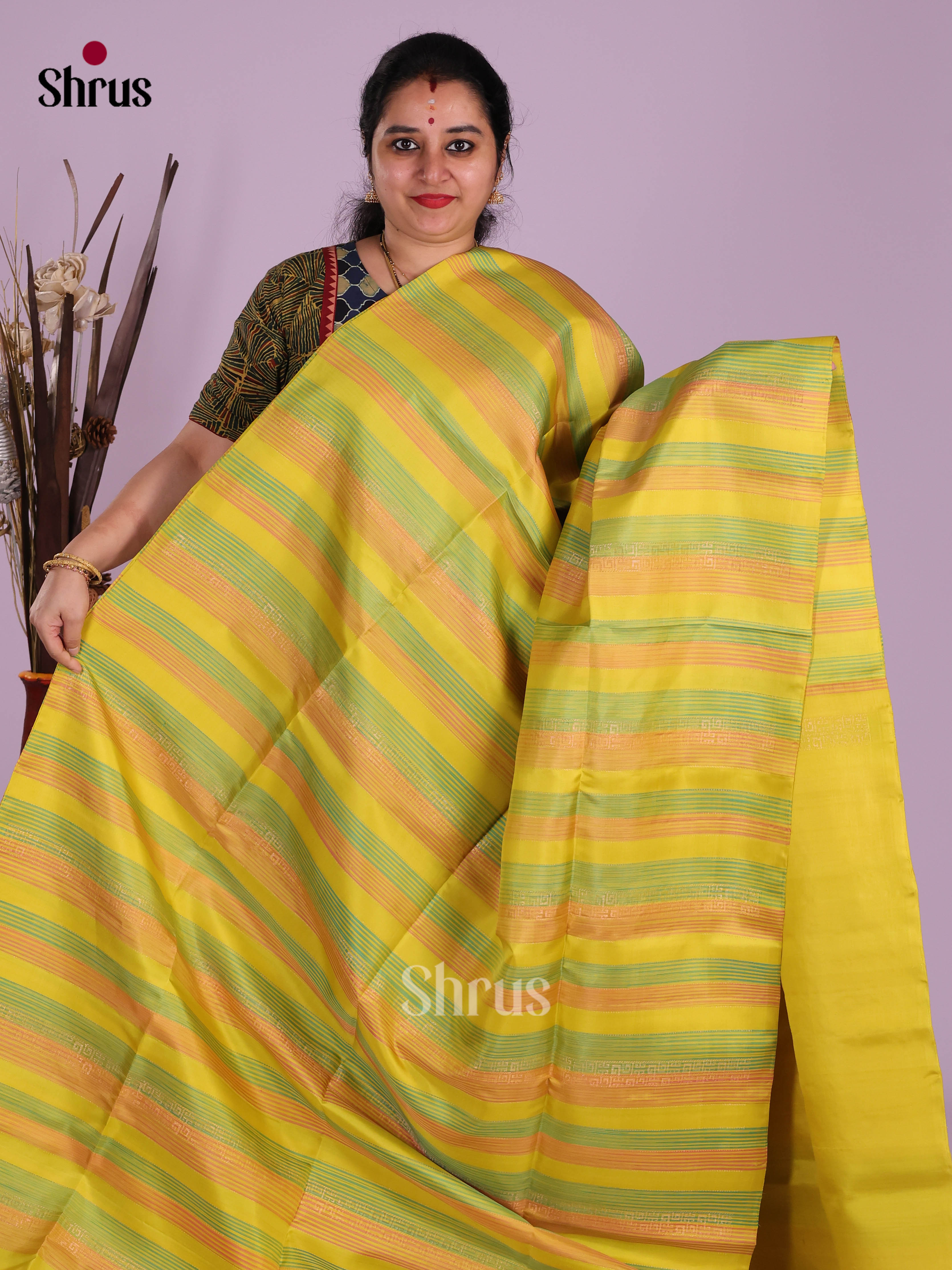 Buy Lustrous Yellow Pure Soft Silk Saree With Multicolour Horizontal Stripes & Brocade Pallu