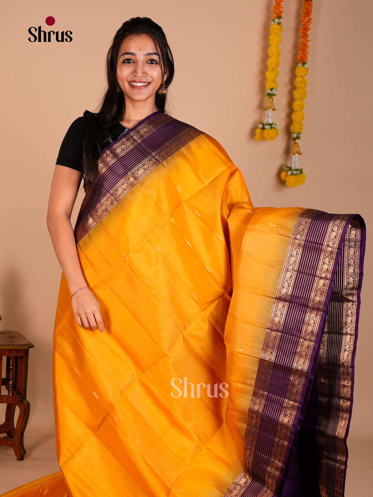 Buy Glorious Yellow Pure Soft Silk Saree with Gold Floral Buttas & Violet Rettaipet Zari Border