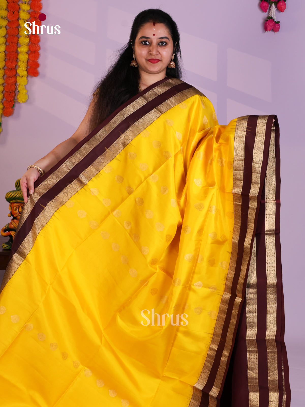 Buy Bright Yellow Pure Soft Silk Saree with Gold Leaf Motifs & Brown Rettaipet Border