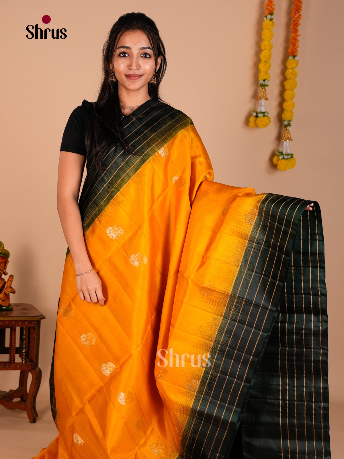 Buy Luminous Yellow Pure Soft Silk Saree with Gold & Silver Zari Woven Motifs & Dark Green Pallu