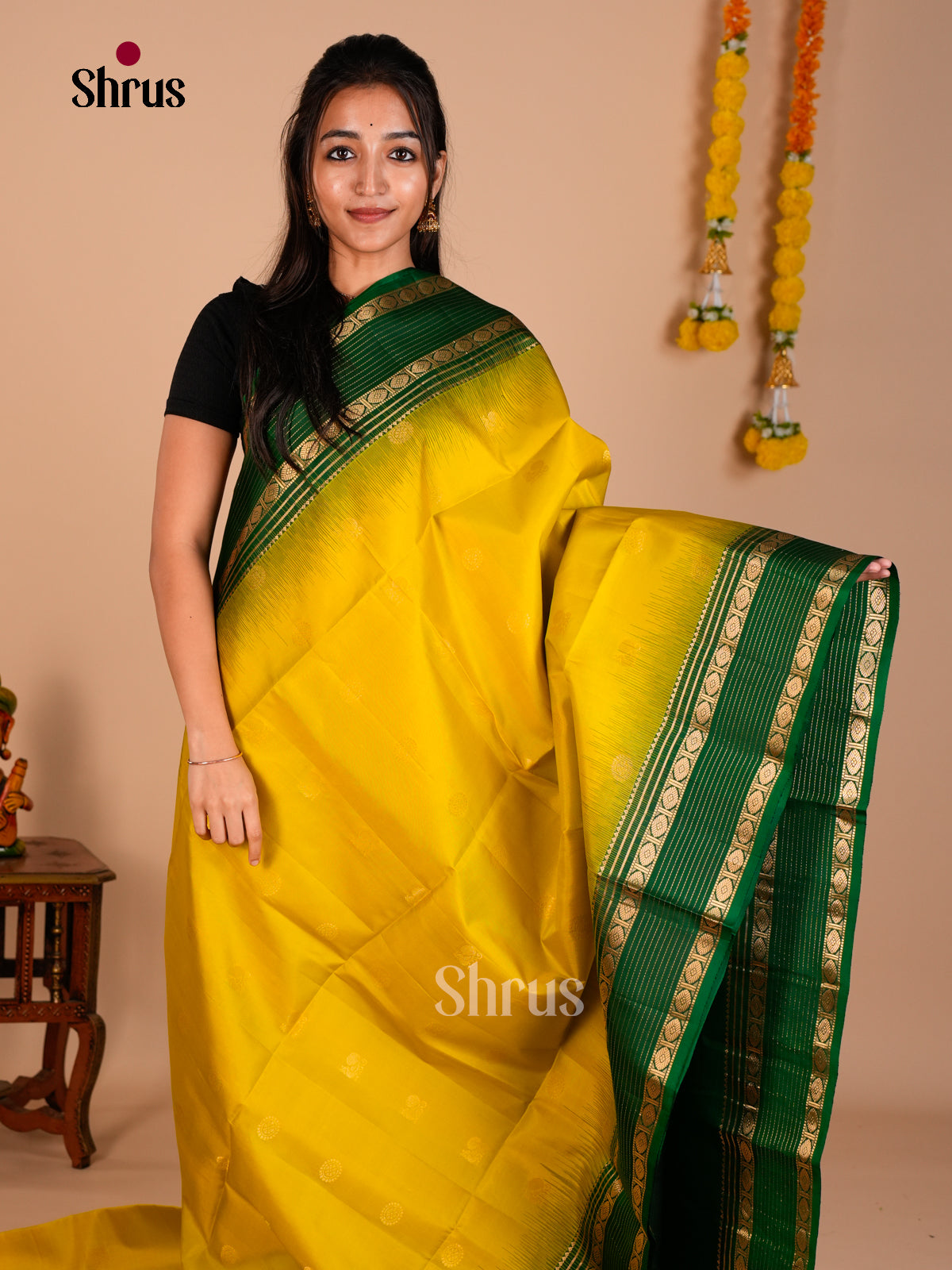 Buy Glorious Yellow Pure Soft Silk Saree with Zari Woven Peacock & Floral Buttas And Green Pallu