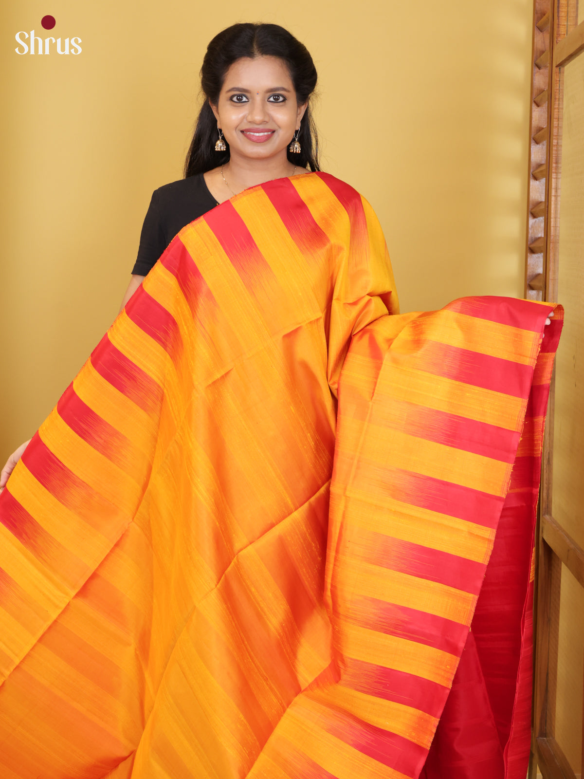 Buy Bright Yellow & Red Pure Soft Silk Saree with Block Stripes & Red Pallu