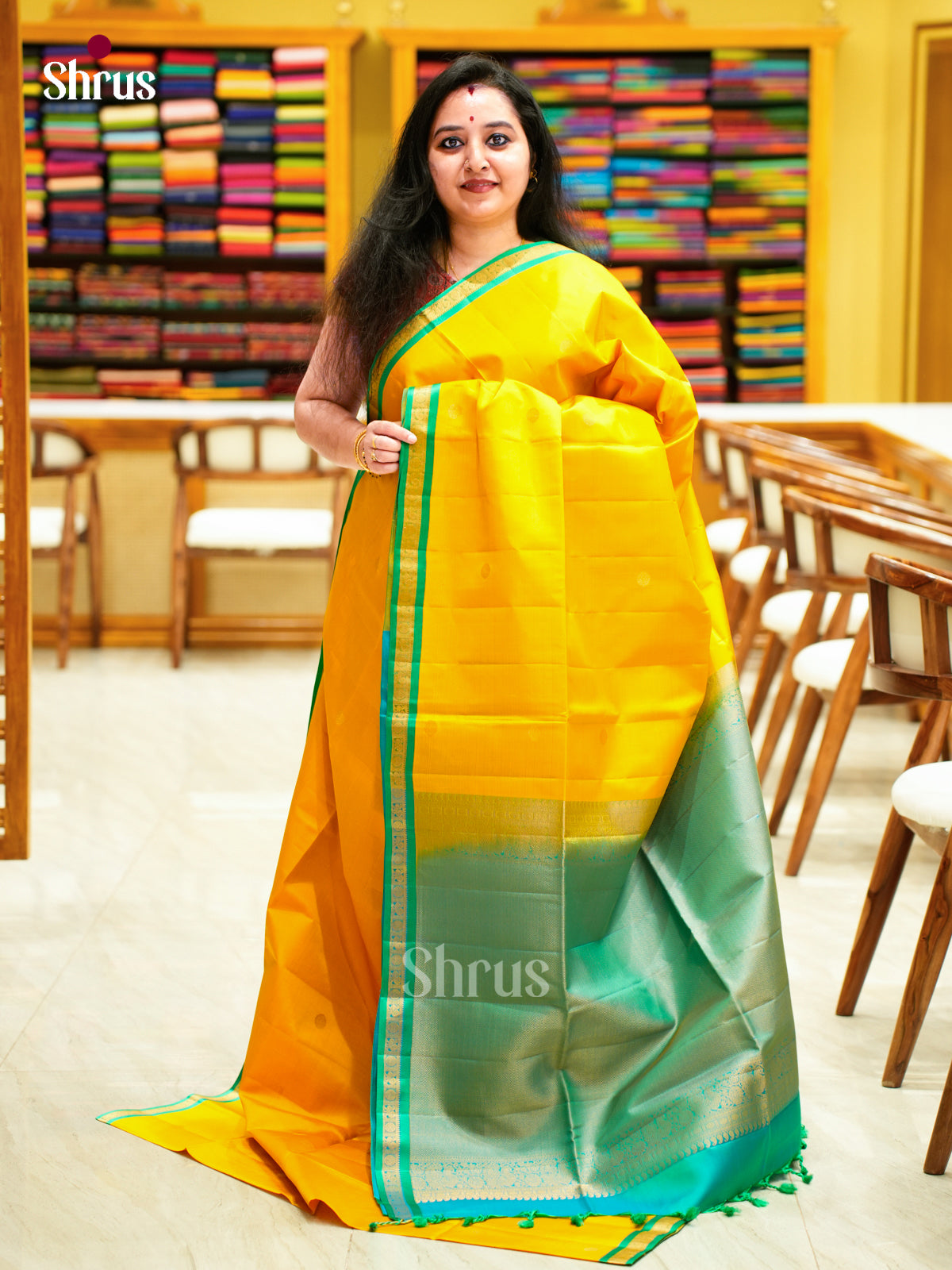 Buy Bright Yellow Soft Silk Saree With Golden Buttas, Sea Green Rettaipet Border & Brocade Pallu