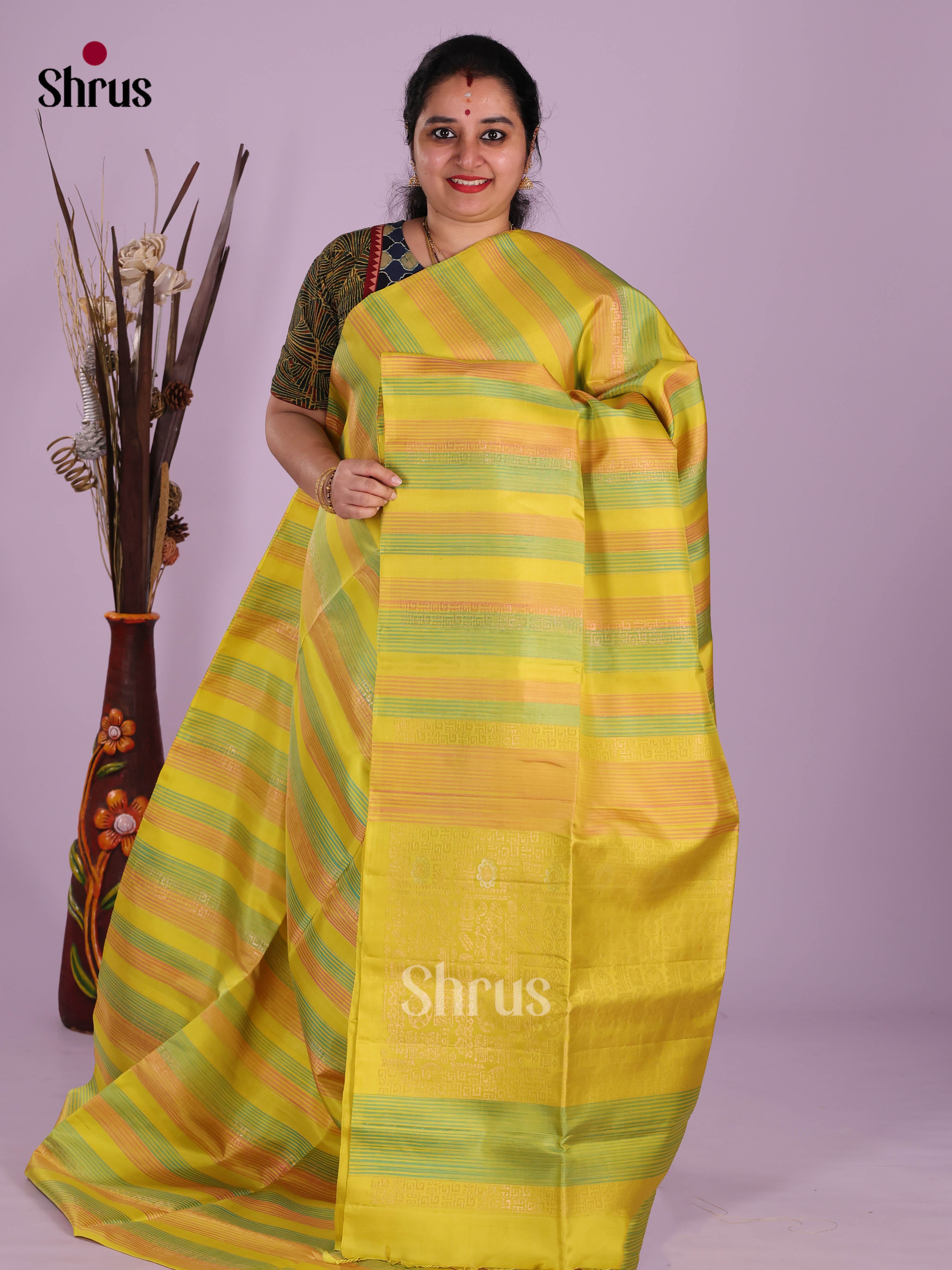 Buy Lustrous Yellow Soft Silk Saree With Multicolour Horizontal Stripes & Brocade Pallu