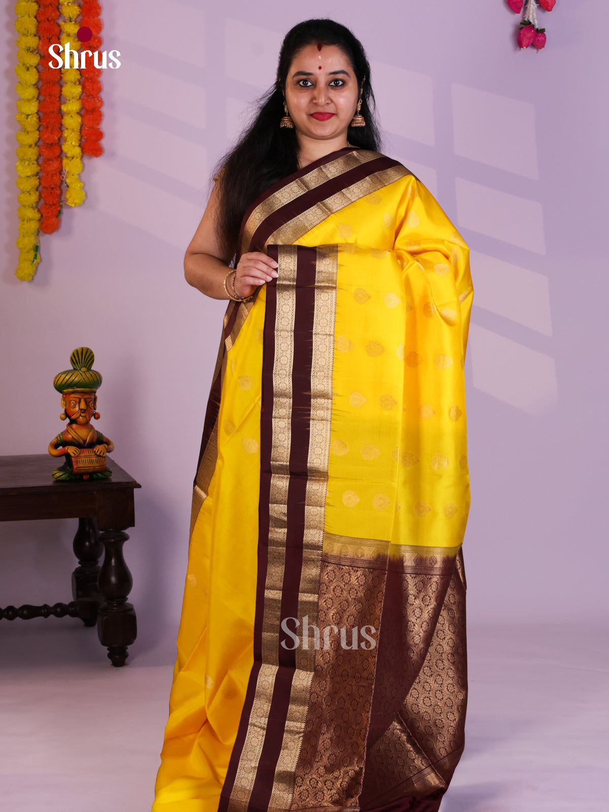 Buy Bright Yellow Soft Silk Saree with Gold Leaf Motifs & Brown Rettaipet Border