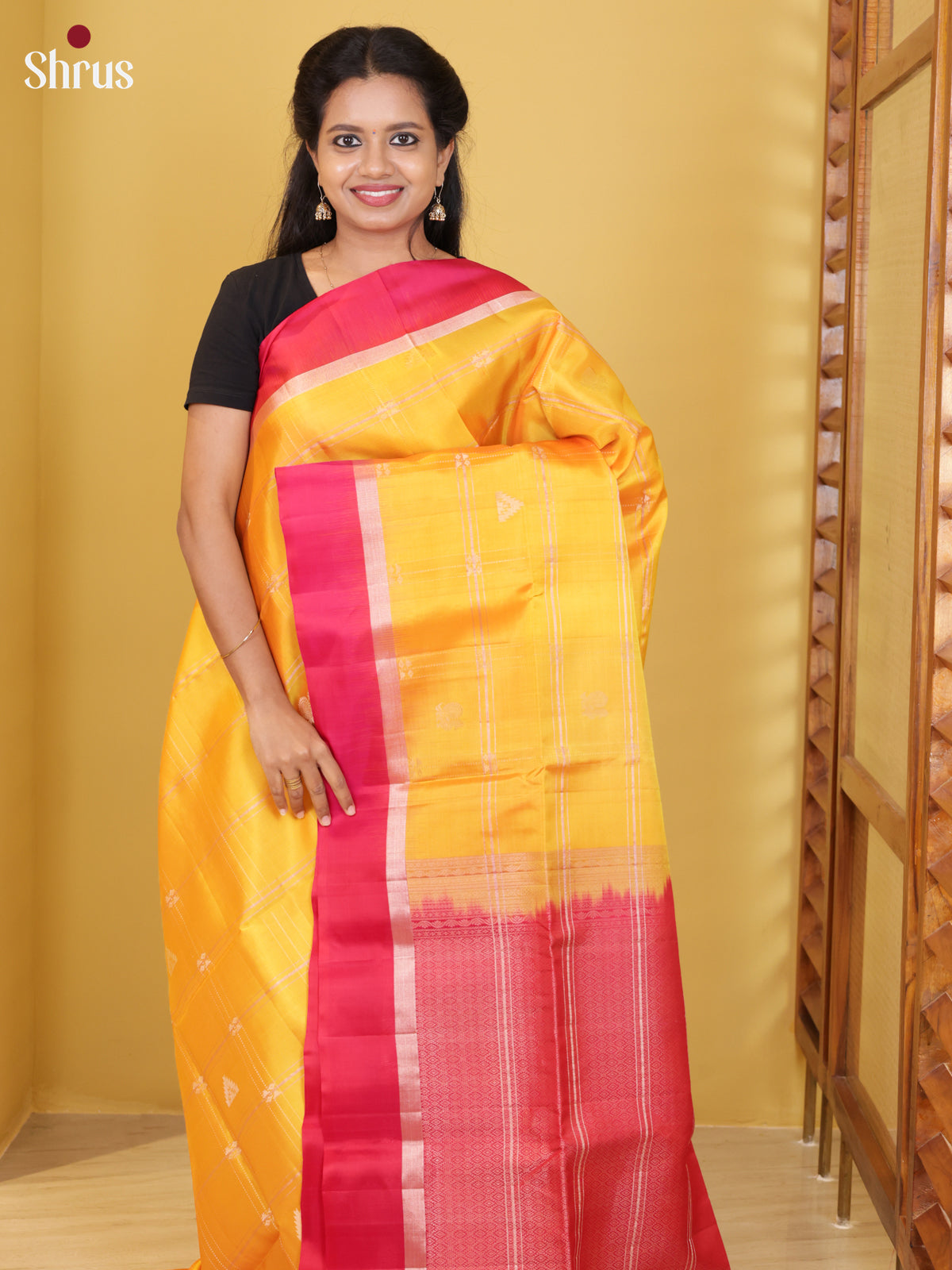 Buy Luminous Yellow Soft Silk Saree with Zari Checks, Buttas & Orangish Pink Border And Pallu