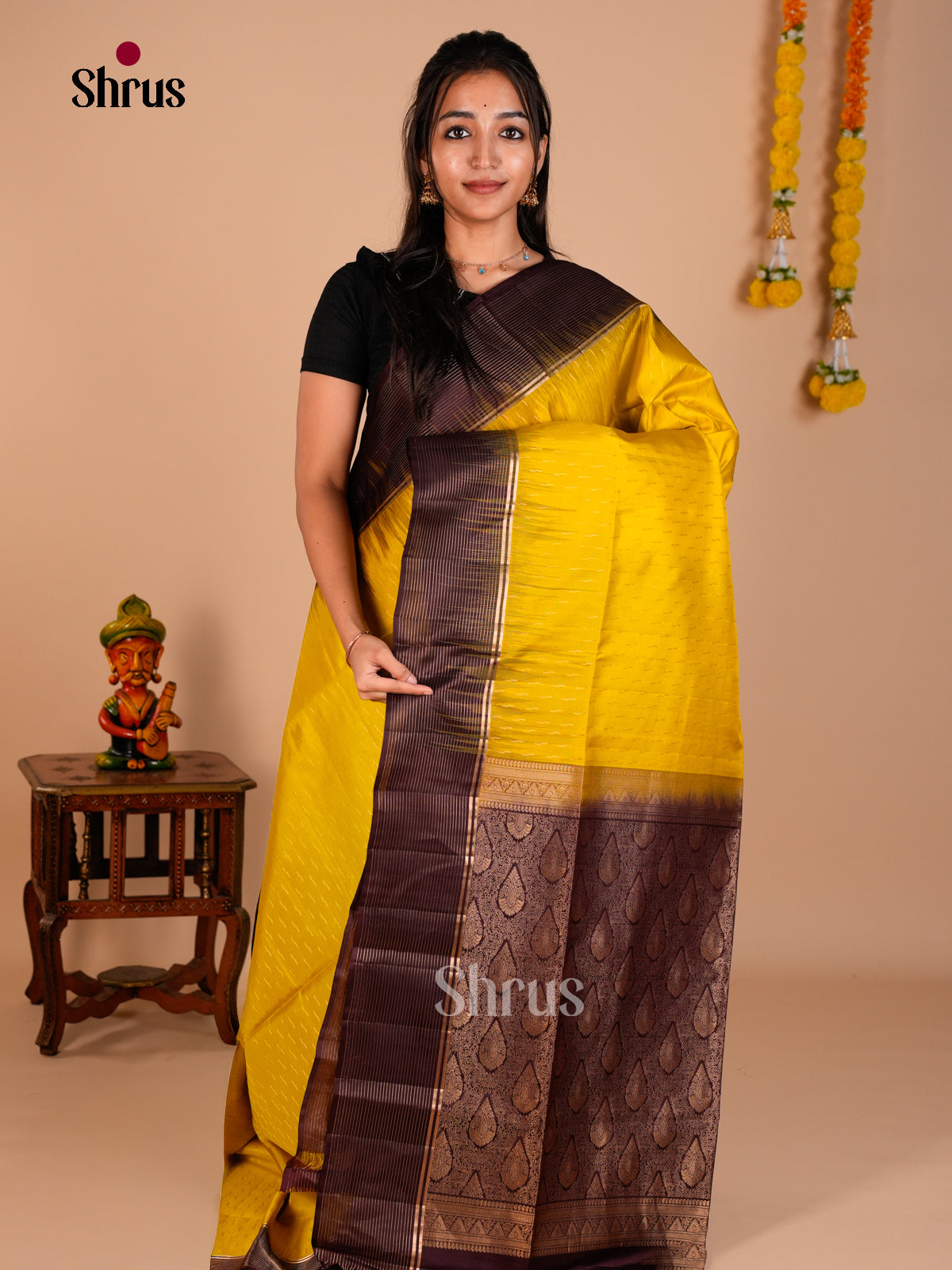 Buy Bright Yellow Soft Silk Saree with Zari Stripes Buttas & Brown Brocade Pallu