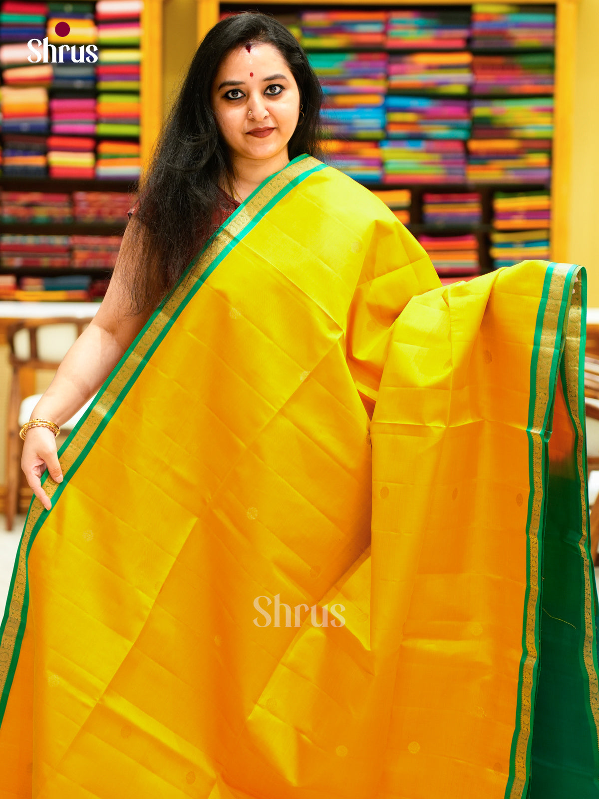 Buy Bright Yellow Soft Silk Sarees With Golden Buttas, Sea Green Rettaipet Border & Brocade Pallu