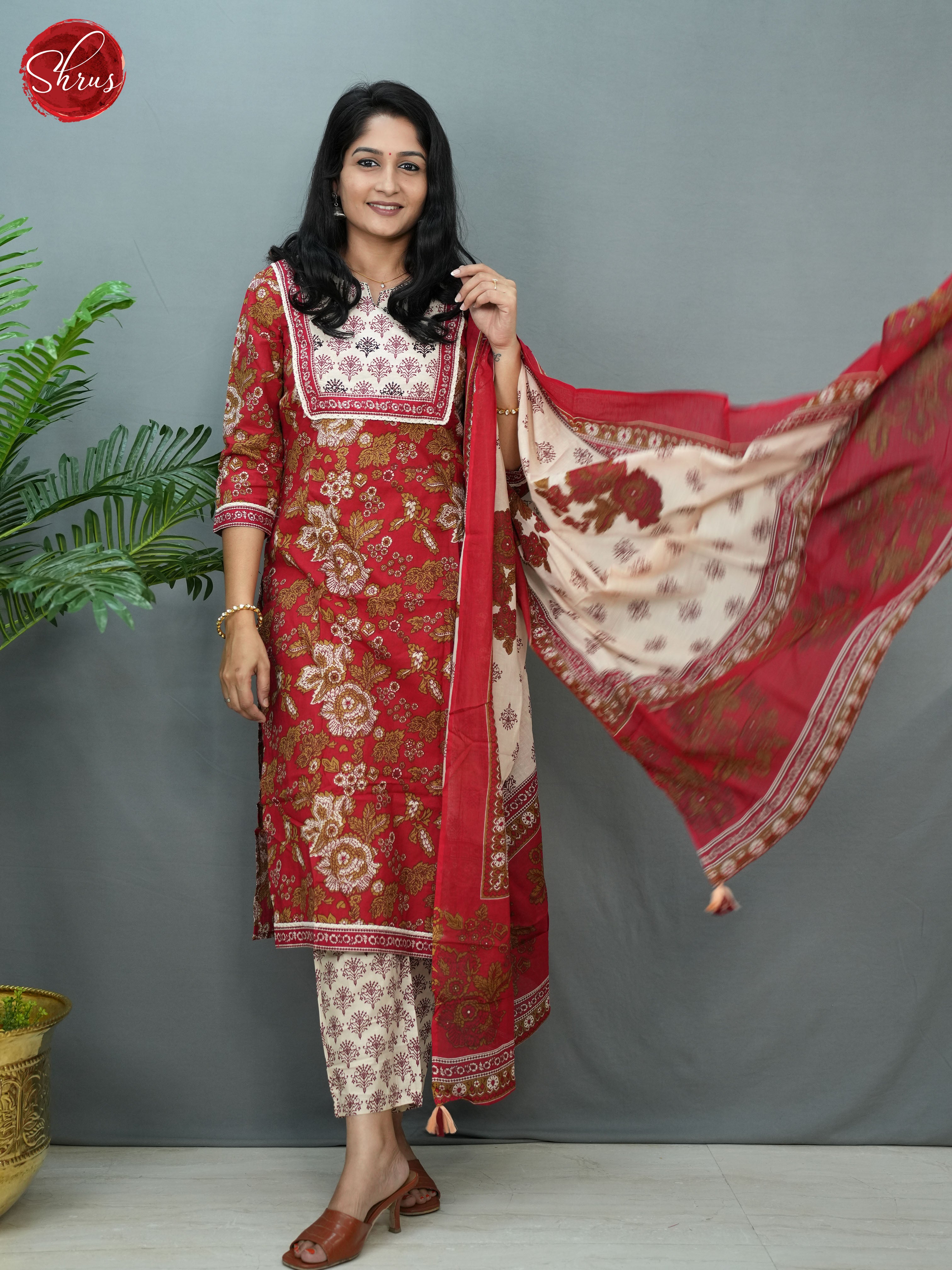 Red and White - Floral printed Readymade Salwar - Shop on ShrusEternity.com