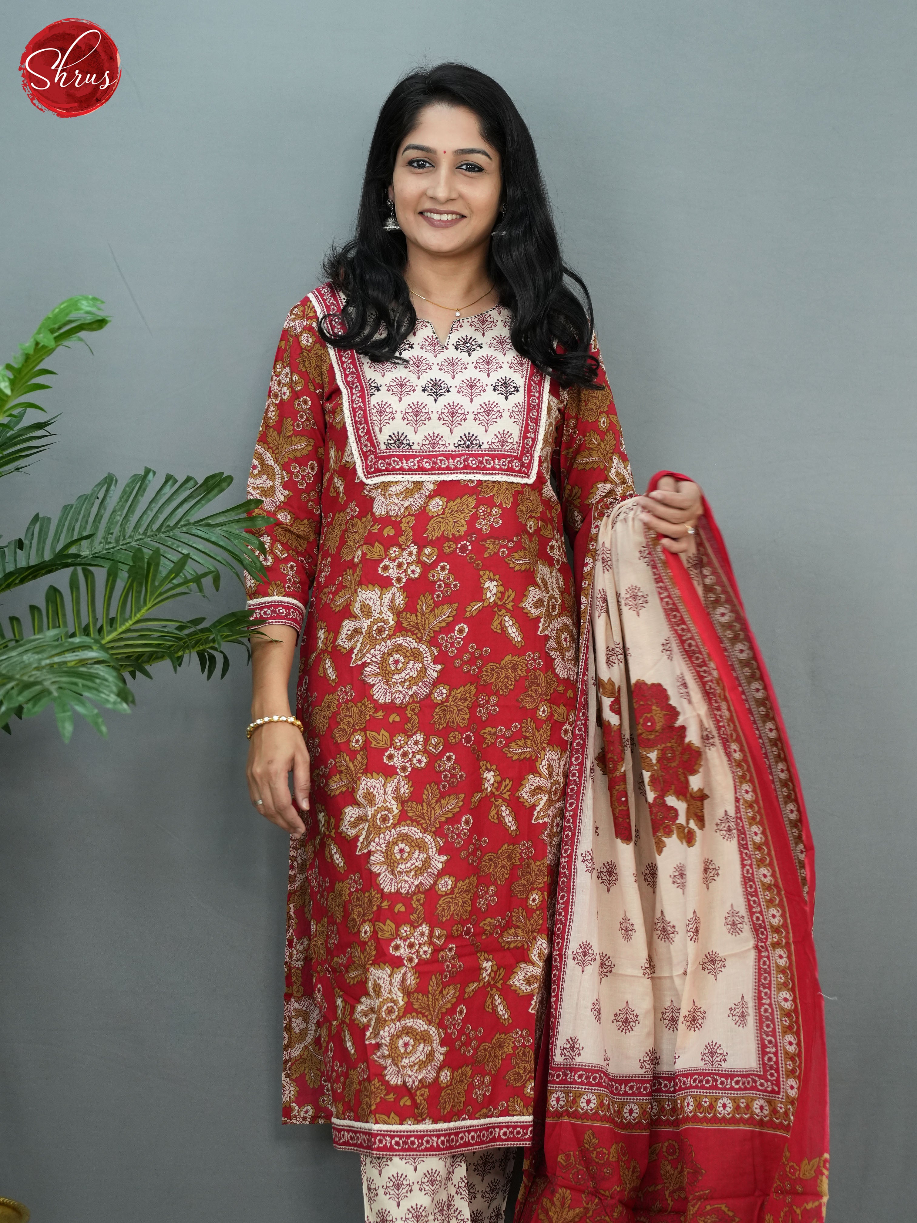 Red and White - Floral printed Readymade Salwar - Shop on ShrusEternity.com