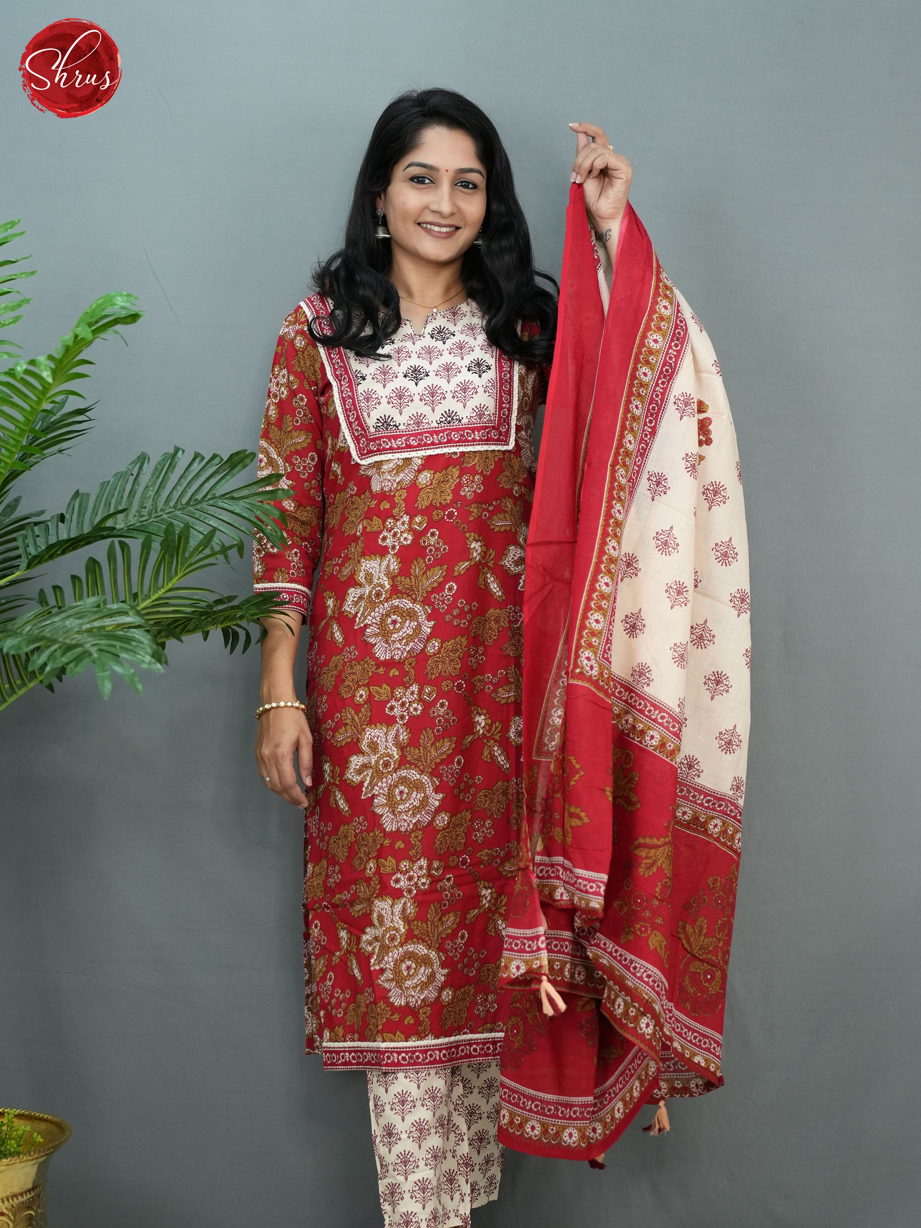 Red and White - Floral printed Readymade Salwar - Shop on ShrusEternity.com
