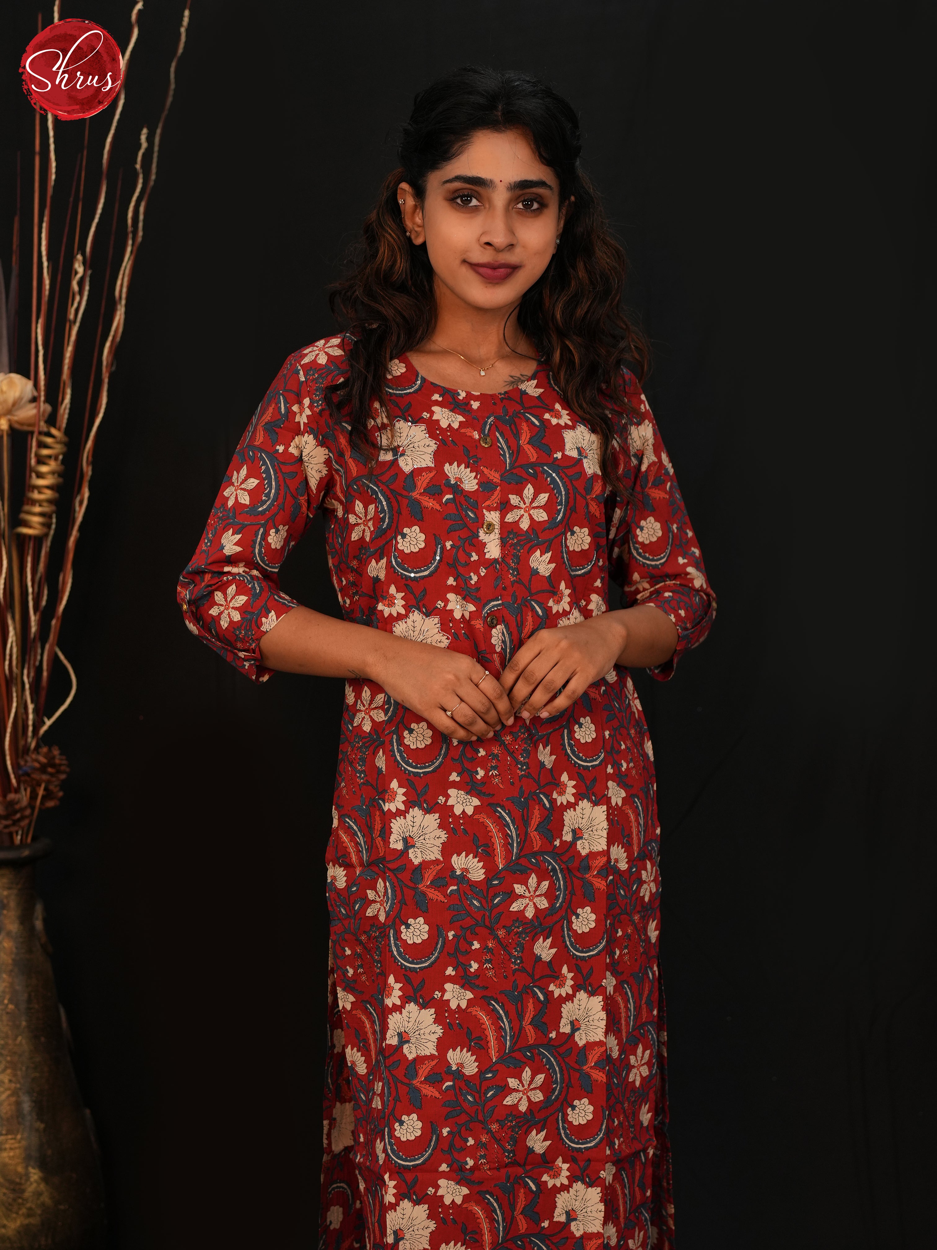 Red & White -Readymade Cotton straight Kurti with floral print - Shop on ShrusEternity.com