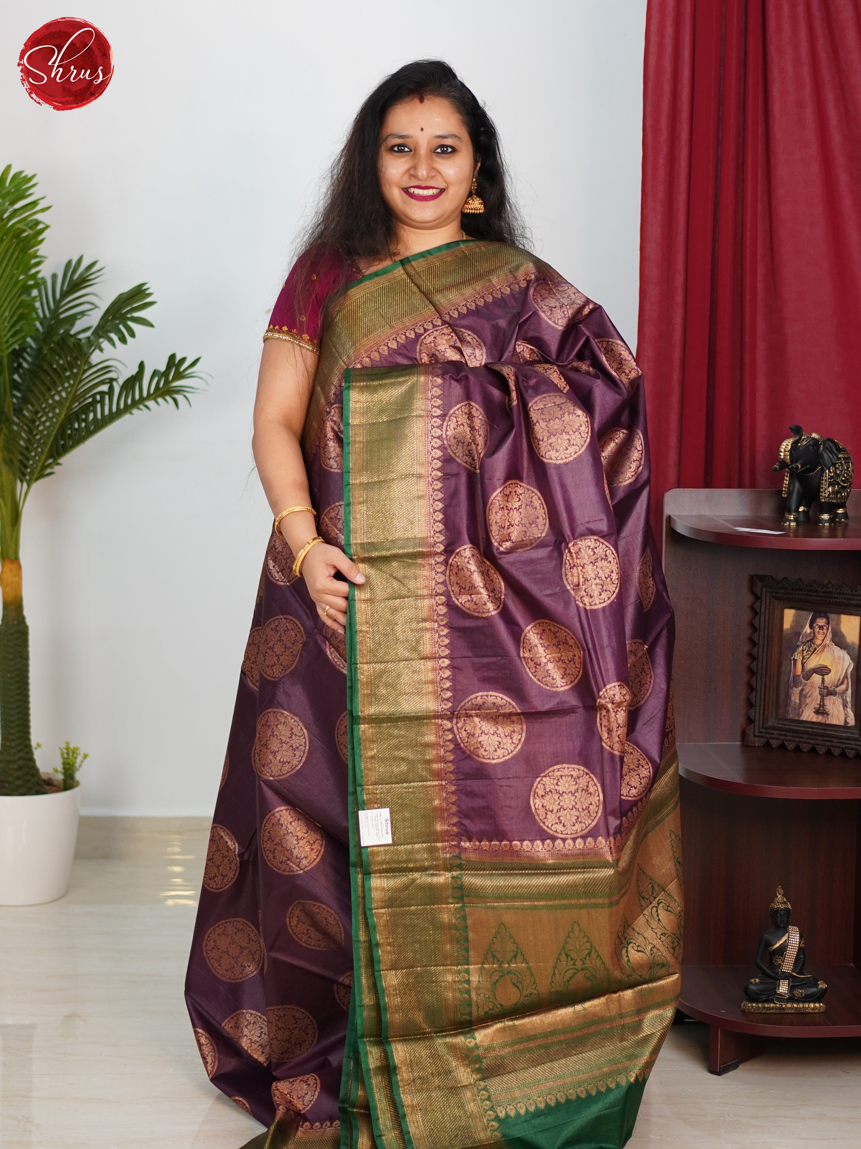 Brown & Green - Tussar with zari woven floral chakra motifs on the body & Zari Border - Shop on ShrusEternity.com