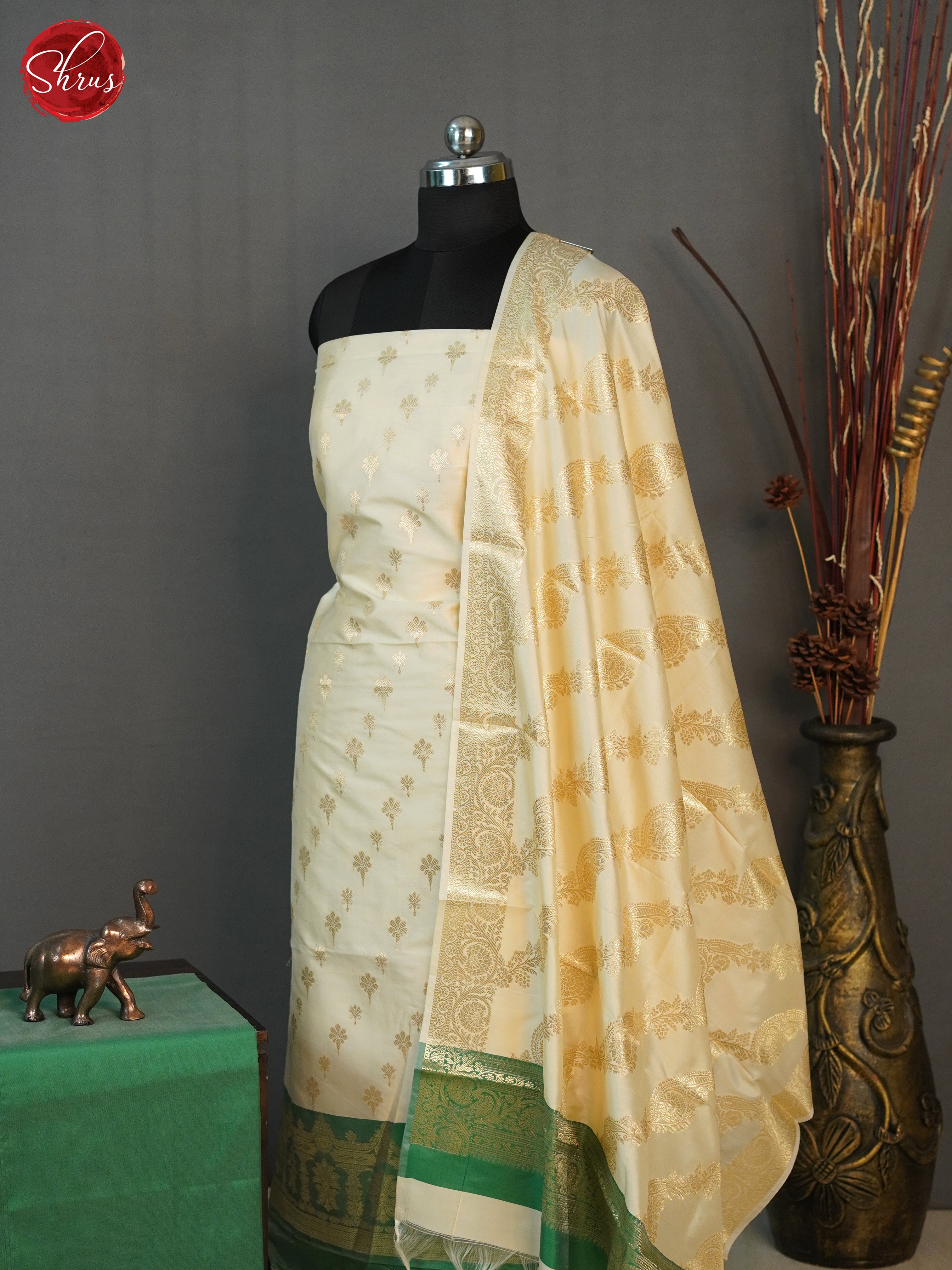 Cream & Green - Semi Banarasi Unstitched salwar - Shop on ShrusEternity.com