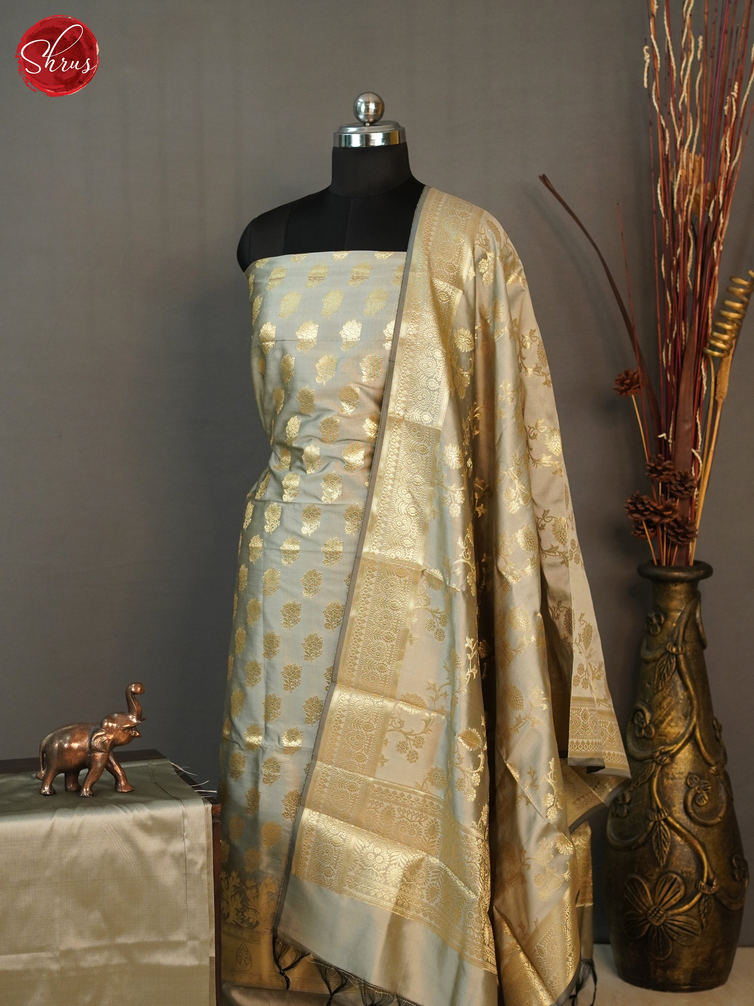 Grey -Semi Banarasi Unstitched Salwar - Shop on ShrusEternity.com