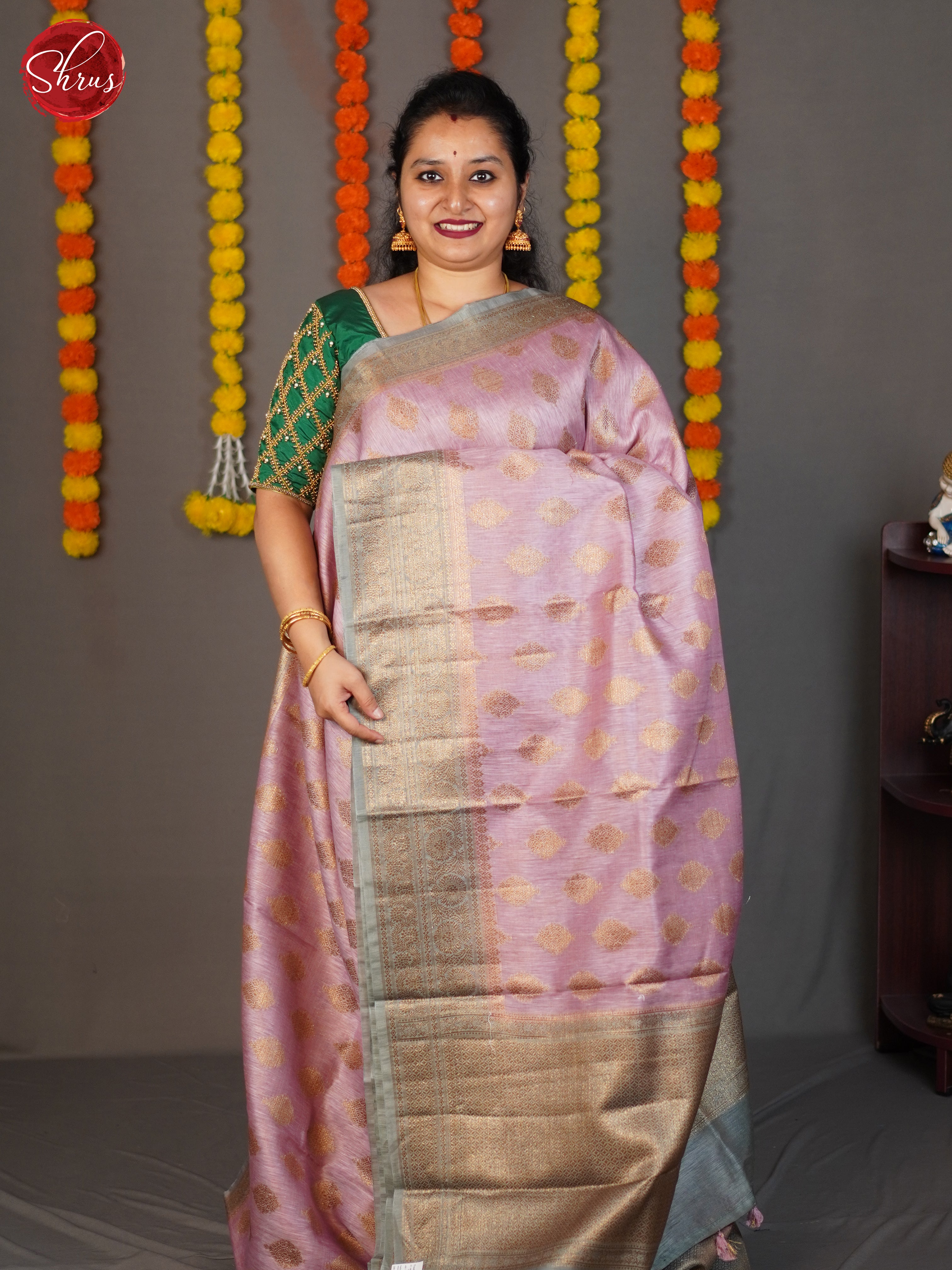Pink & Grey- Muslin Silk Saree - Shop on ShrusEternity.com