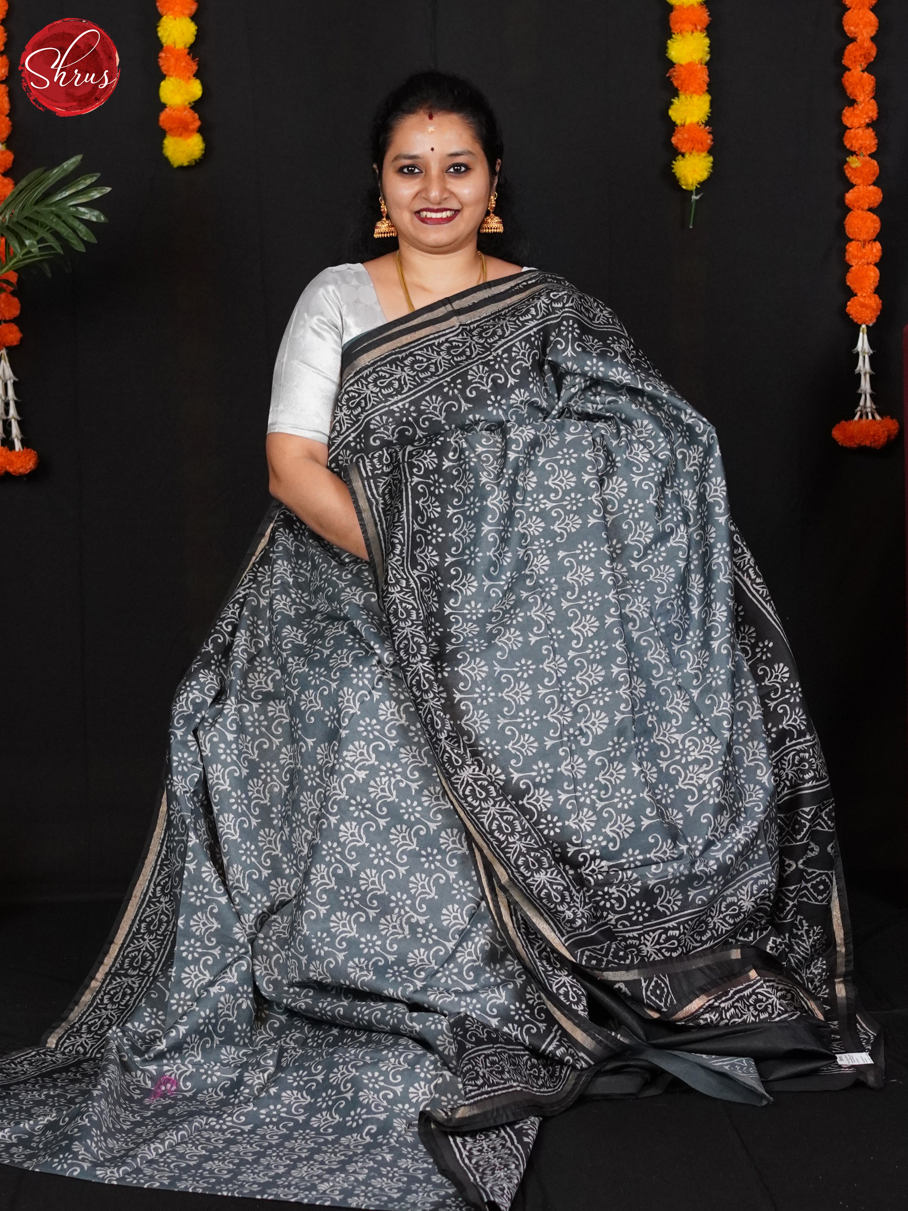 Grey & Black - Semi Chanderi Saree - Shop on ShrusEternity.com