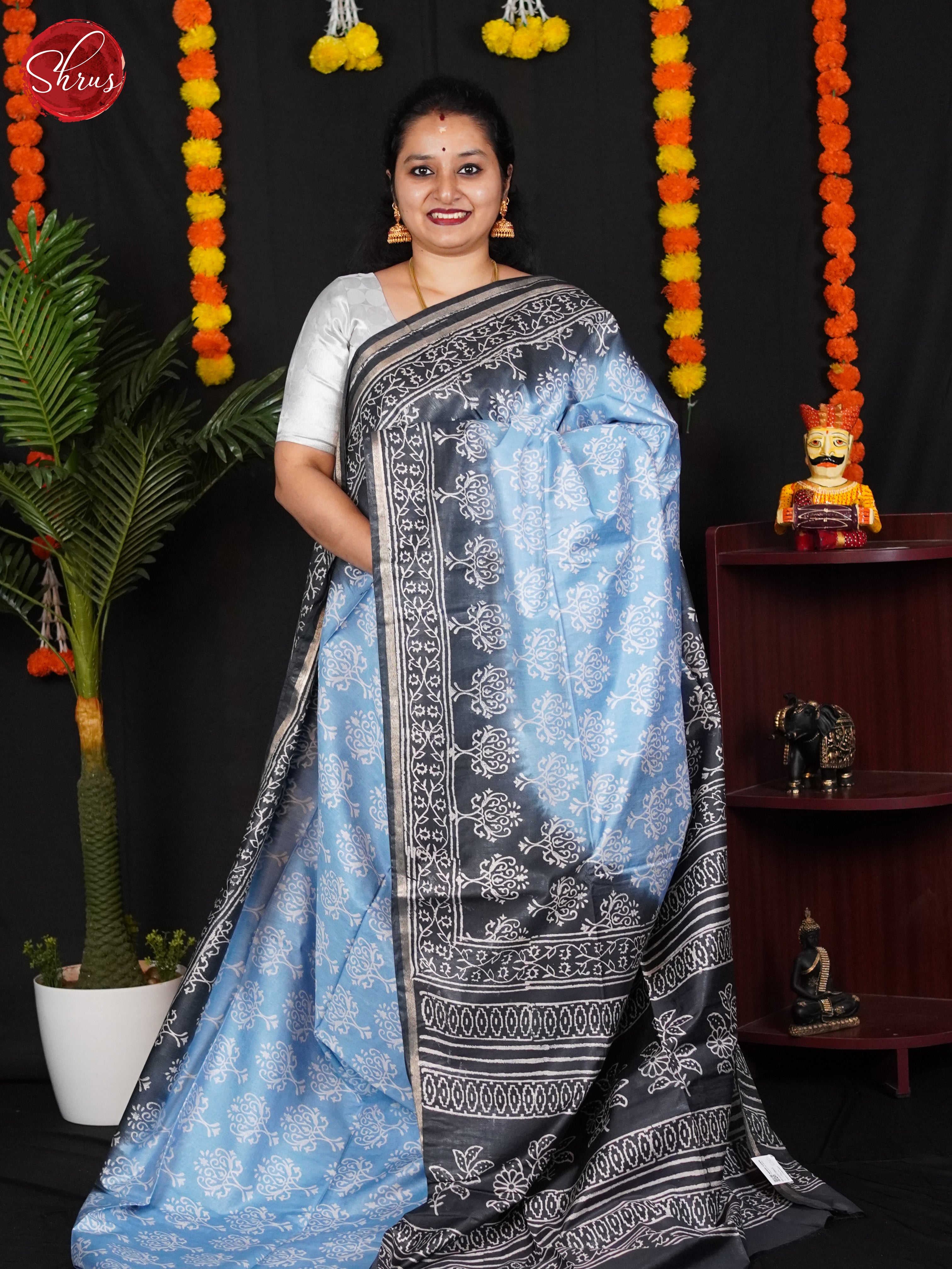 Blue & Grey - Semi Chanderi Saree - Shop on ShrusEternity.com