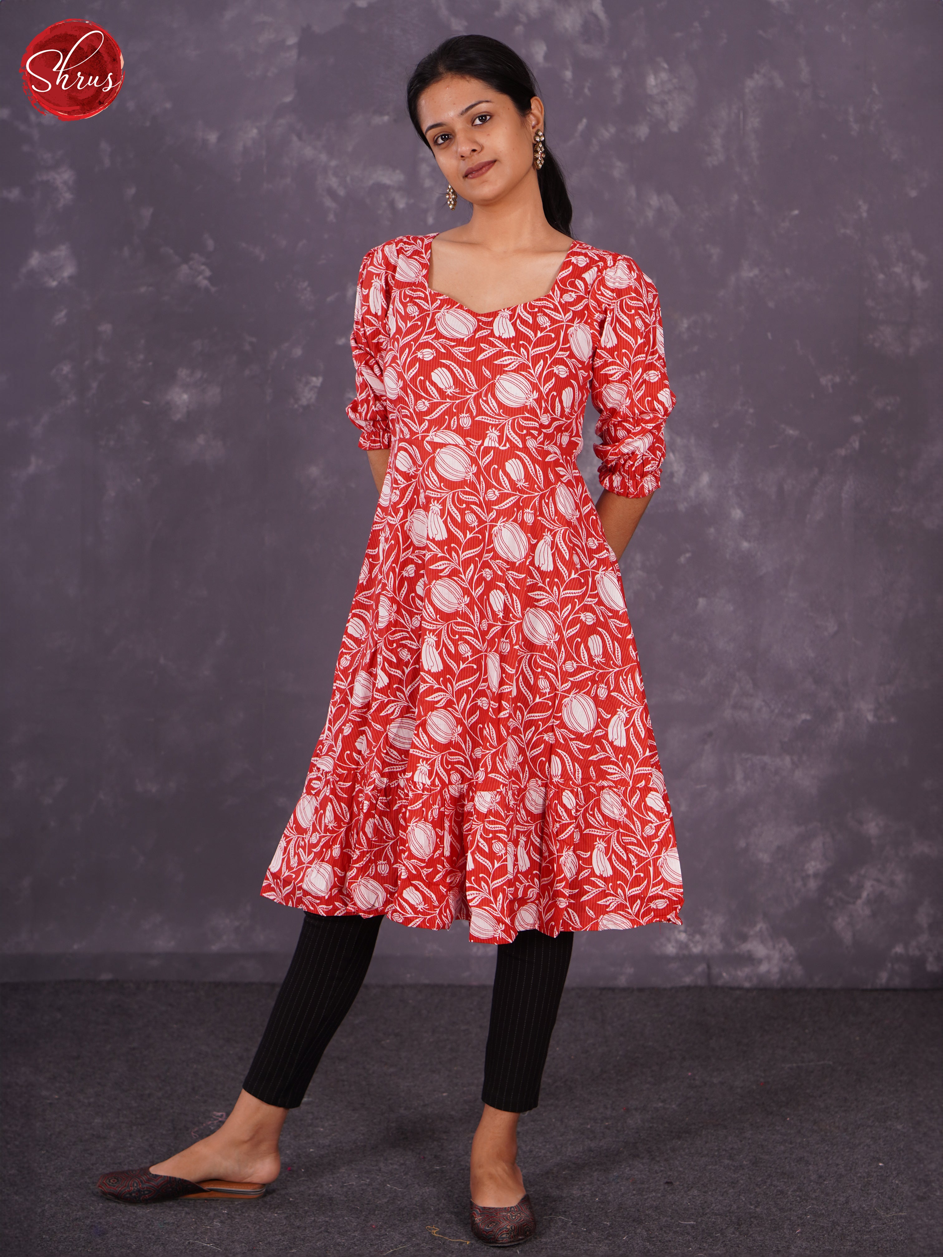 Red - Readymade kurti with floral print , frilled pattern - Shop on ShrusEternity.com