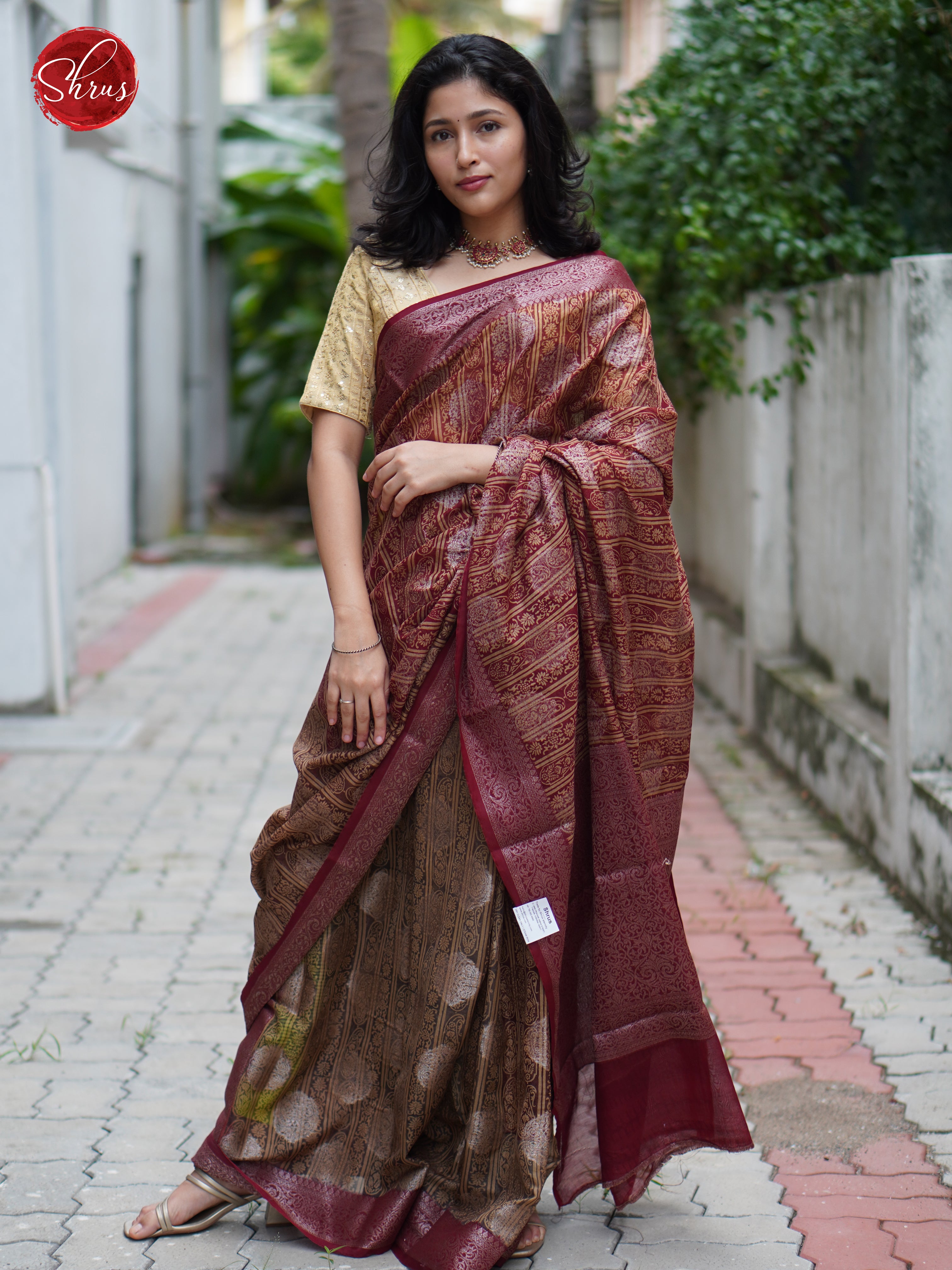 Maroon (Single Tone) - Chanderi saree with Block Printing work - Shop on ShrusEternity.com