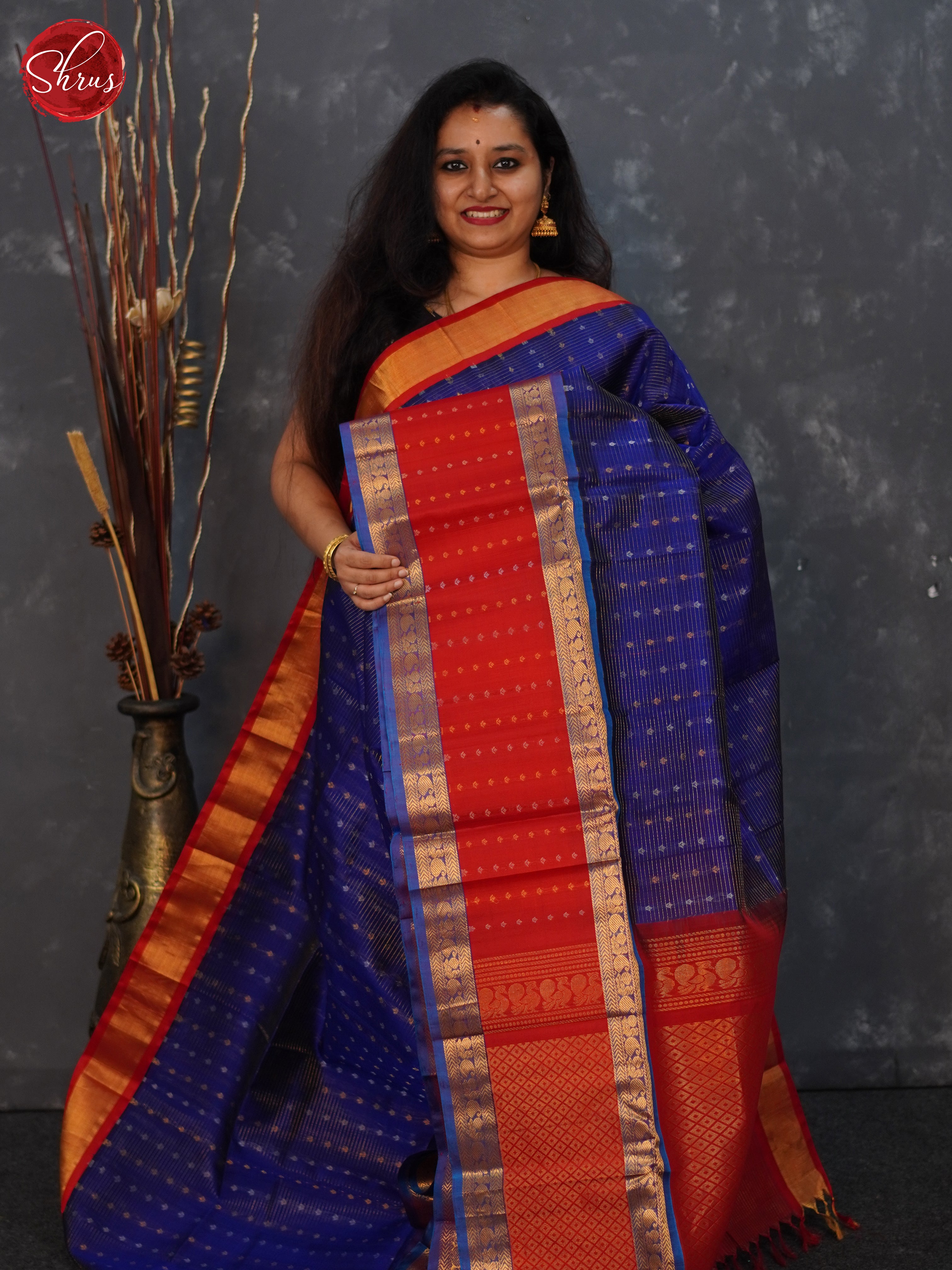 Blue & Red - Silk Cotton Saree - Shop on ShrusEternity.com