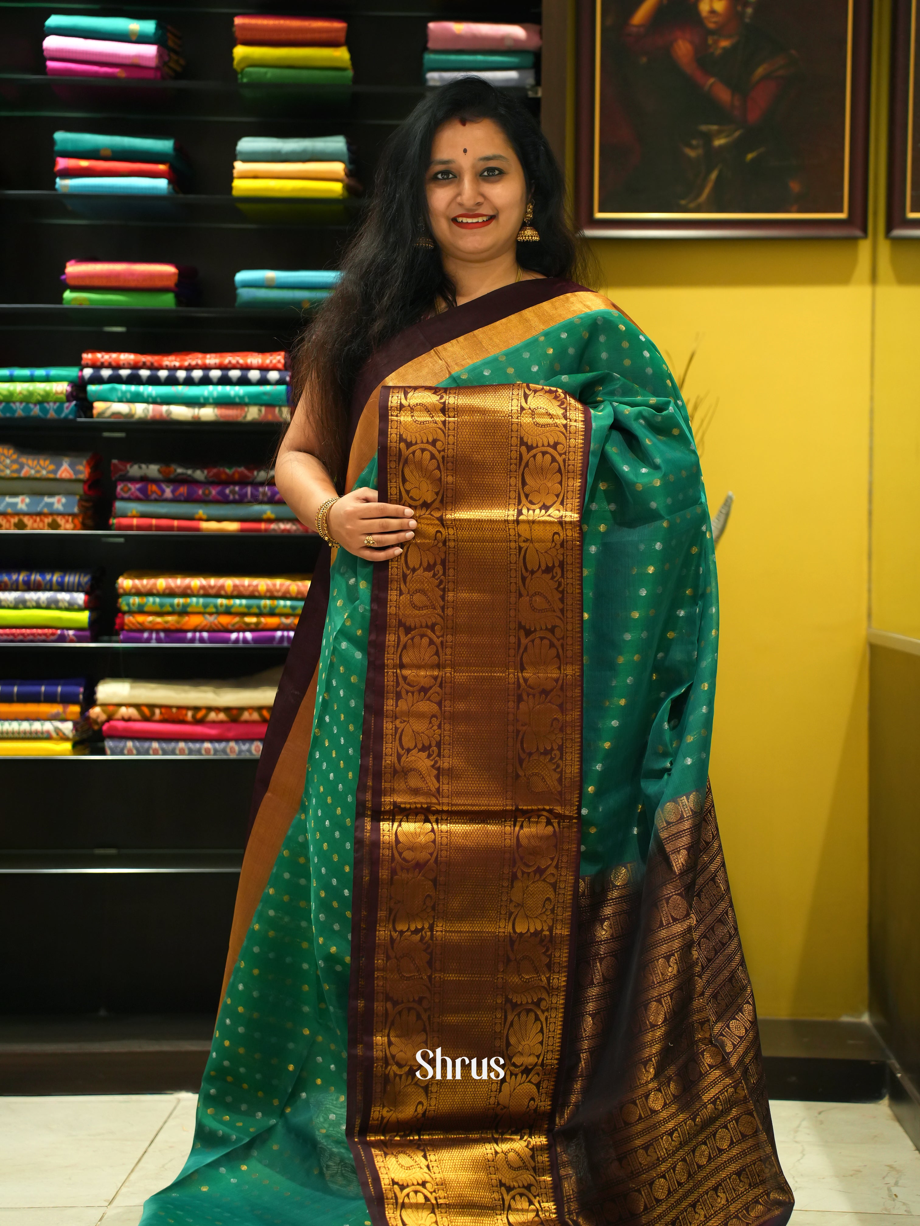Green & Brown - Silk Cotton Saree - Shop on ShrusEternity.com