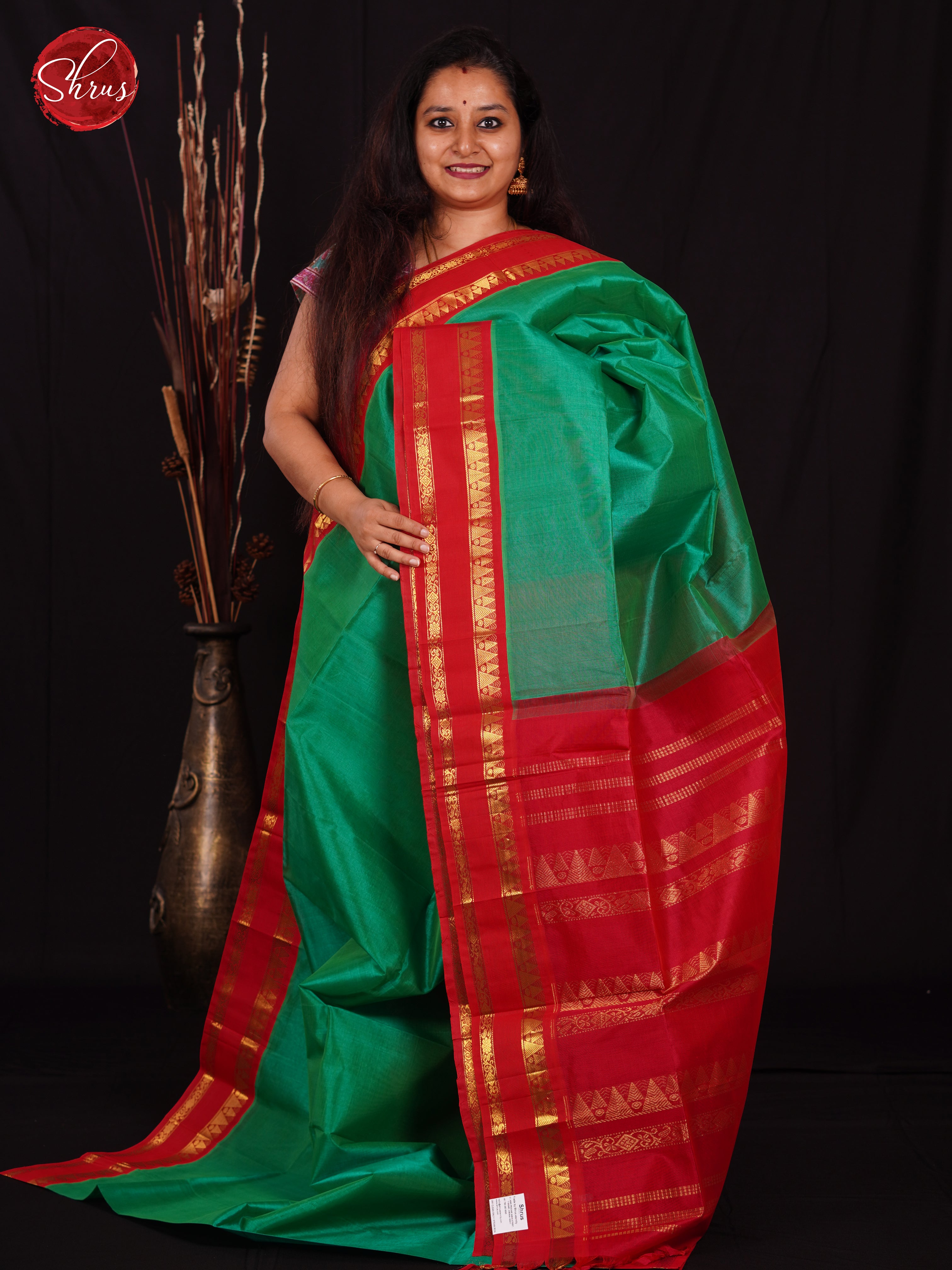 Green & Pink- Silk Cotton Saree - Shop on ShrusEternity.com
