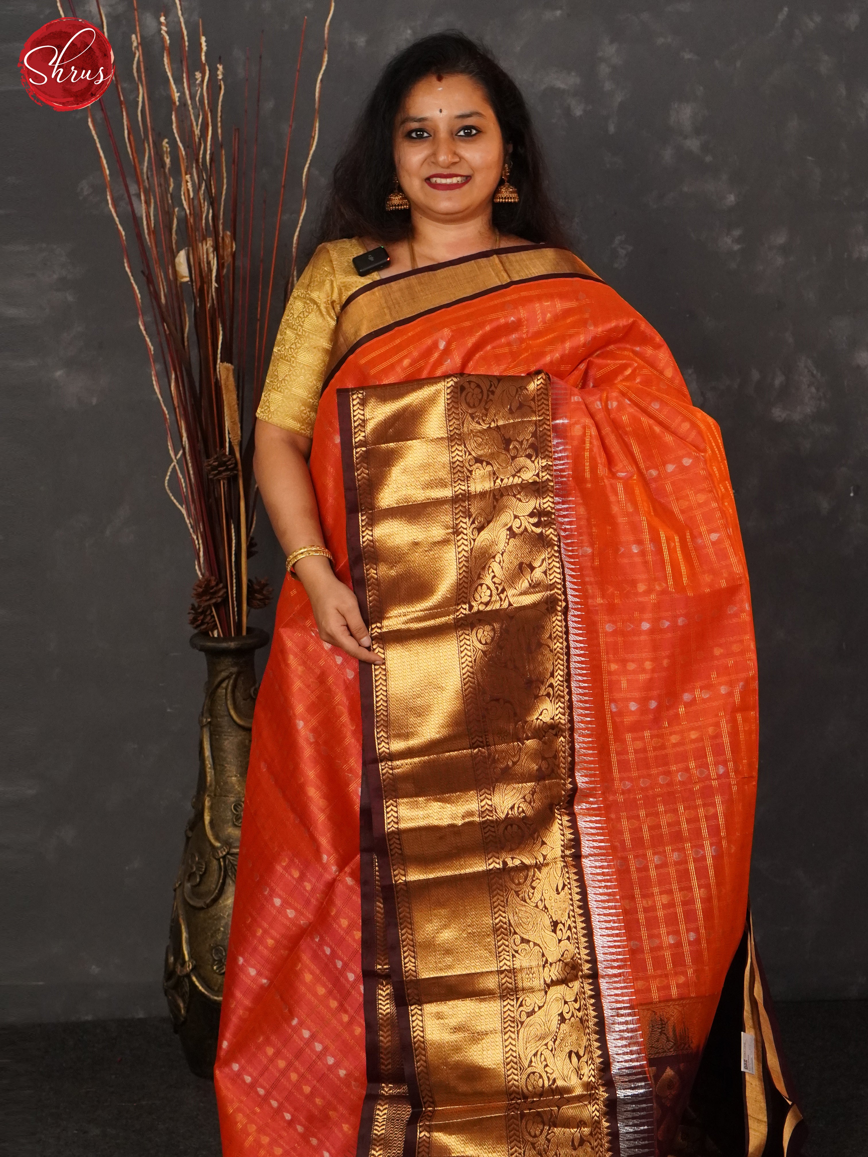 Orangish PInk & Brown- Silk Cotton Saree - Shop on ShrusEternity.com