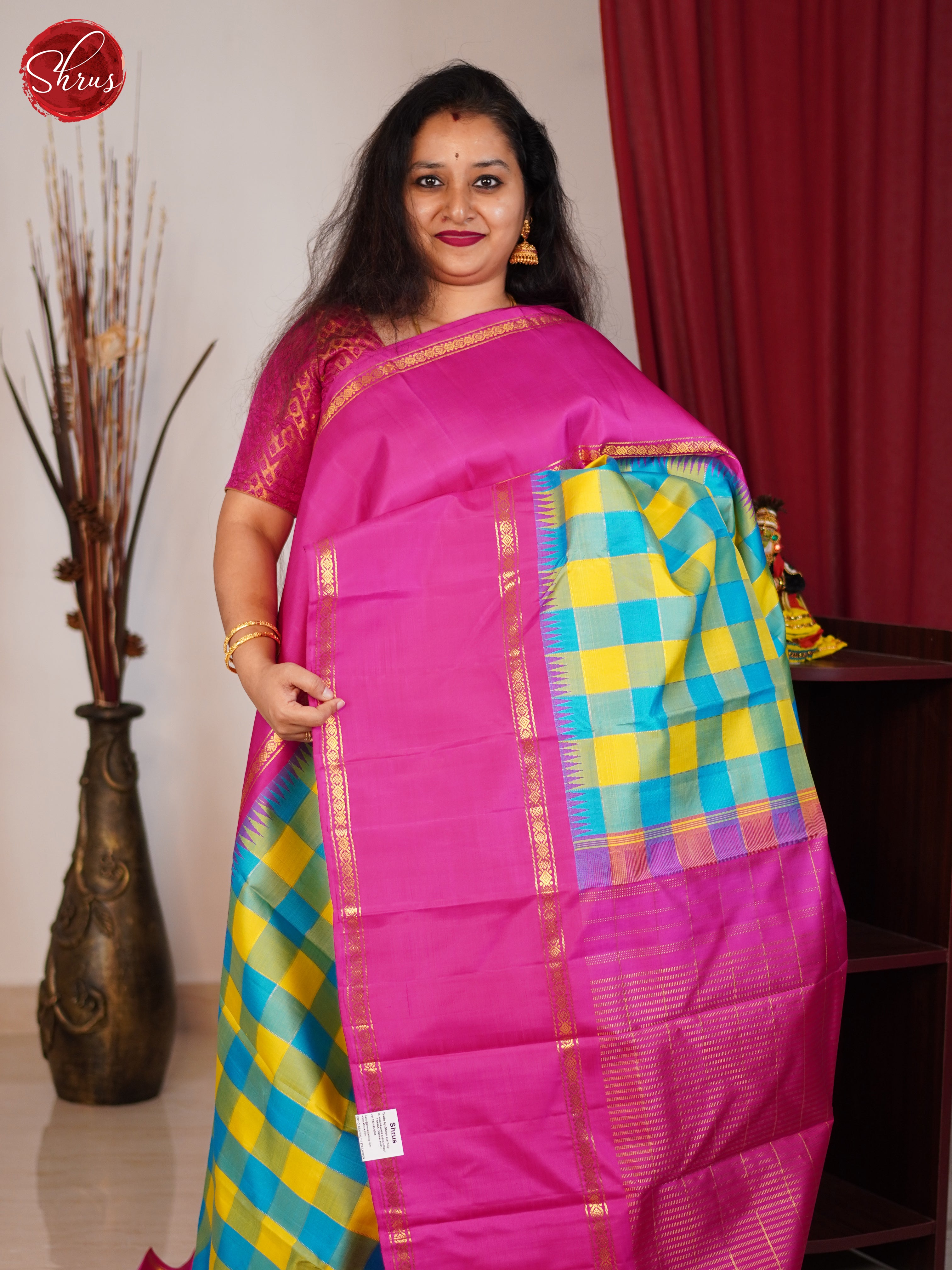 Yellow, Blue and Pink Korvai Kanchipuram silk Saree Featuring a Charming Checkered Design-1