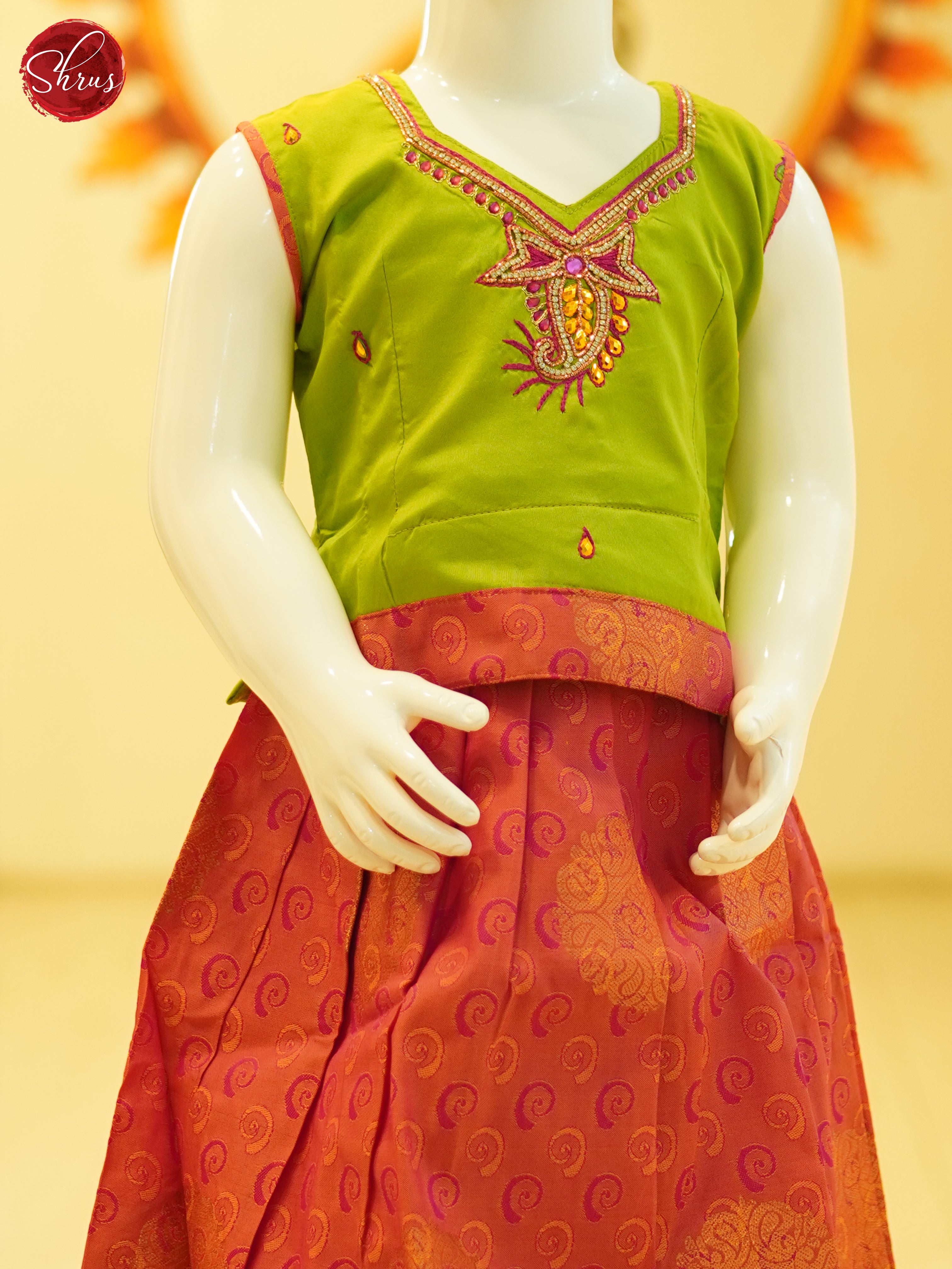 Green & Orange - Readymade Kids Pattu Pavadai - Shop on ShrusEternity.com