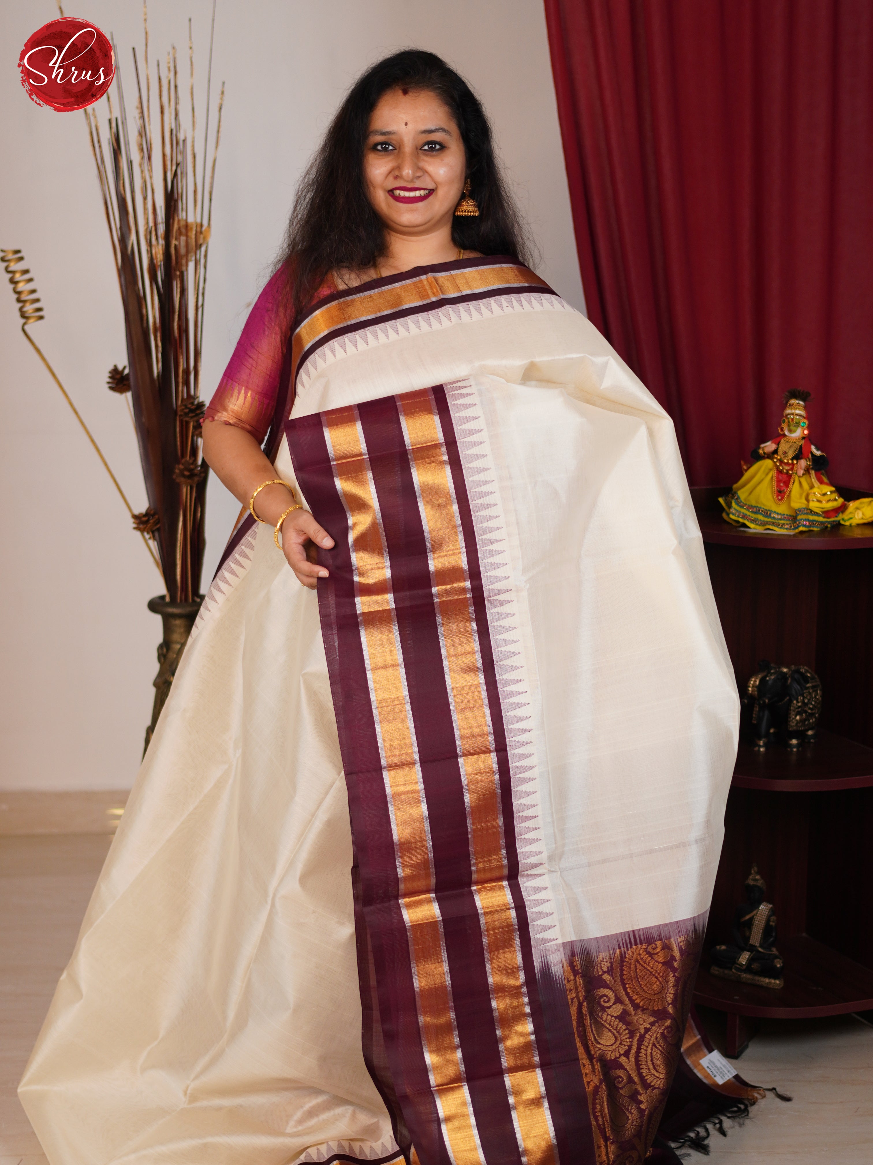 Cream & Brown - Silk Cotton Saree - Shop on ShrusEternity.com