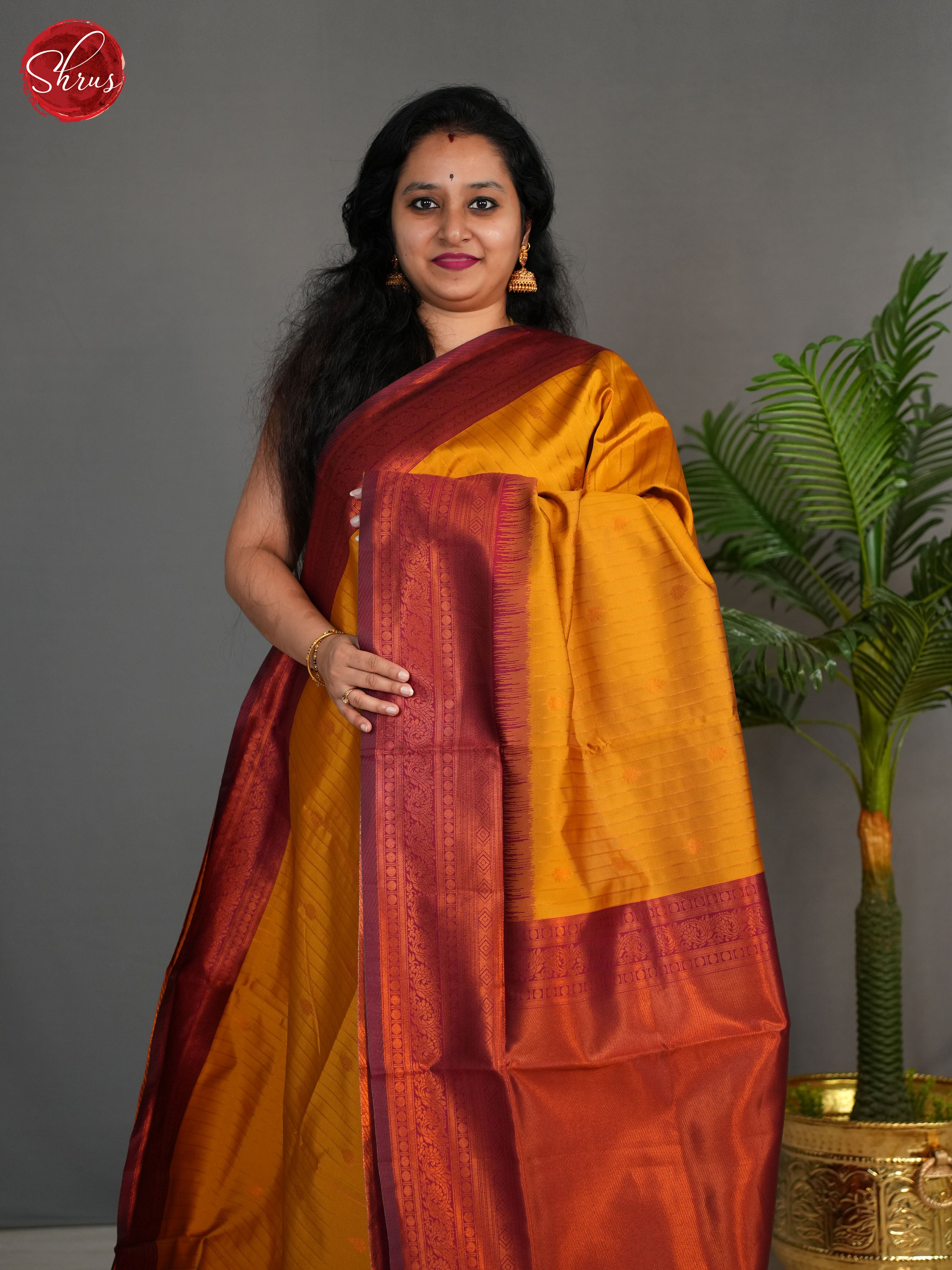 mustard and arraku marron - Semi Kanchpuram Saree - Shop on ShrusEternity.com