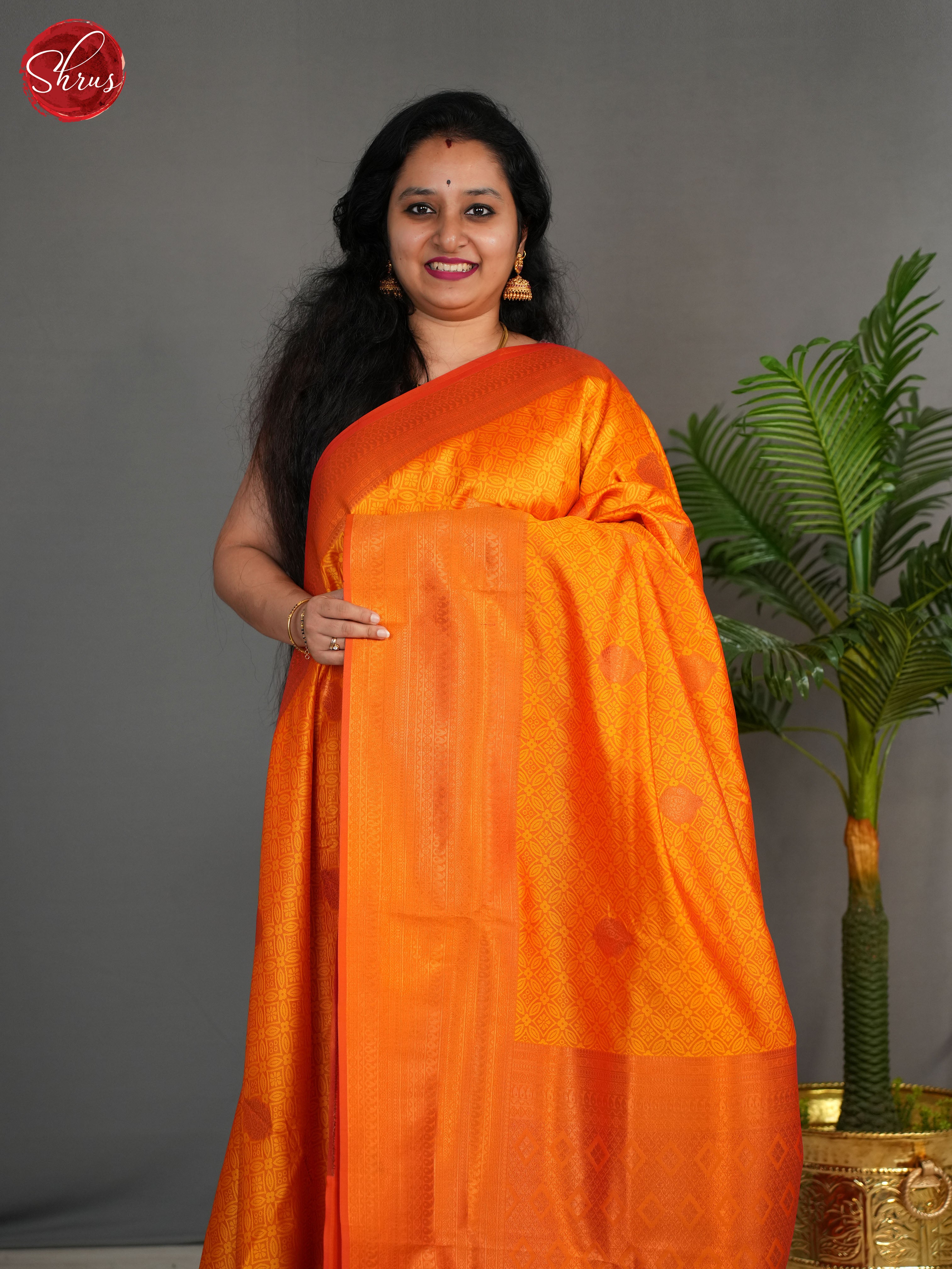 Orange(Single Tone) - Semi Kanchipuram Saree - Shop on ShrusEternity.com