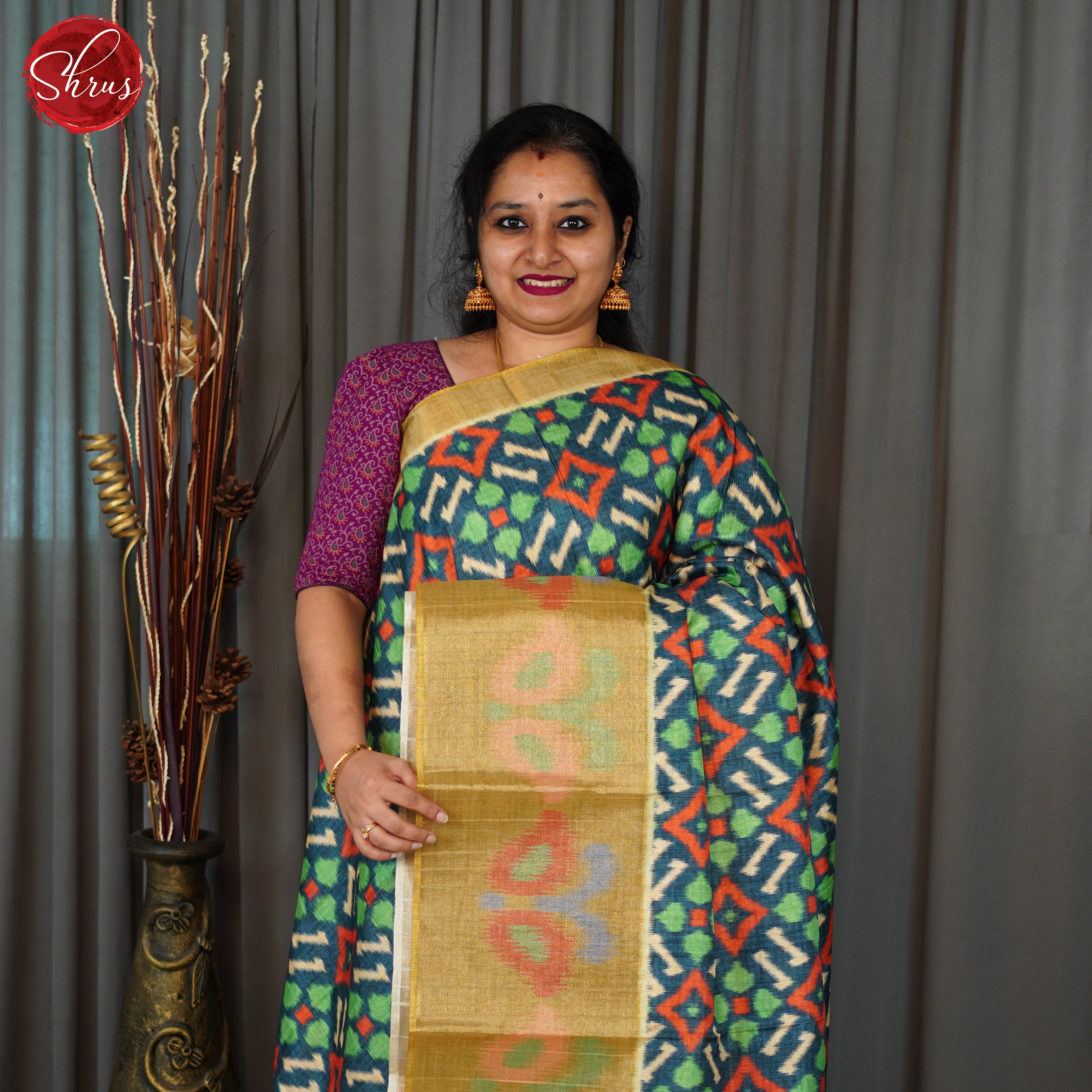 Blue & Orange- Semi Pochampally Saree - Shop on ShrusEternity.com